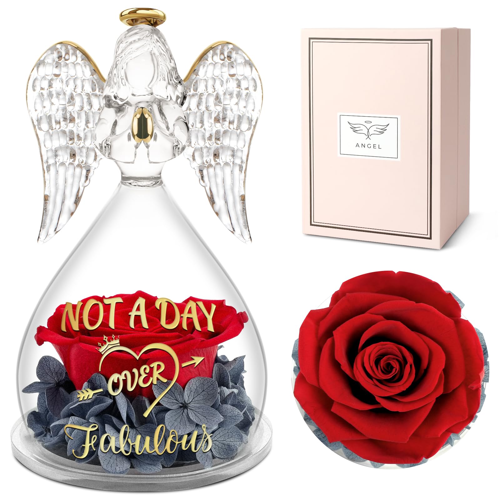 Yamonic Preserved Real Red Rose Glass Angel Figurine - Unique Gift for Women, Mom, Sister, Wife, Best Friend, Coworker or Teacher - Perfect for Birthdays, Anniversaries, Valentine's Day & Home Decor