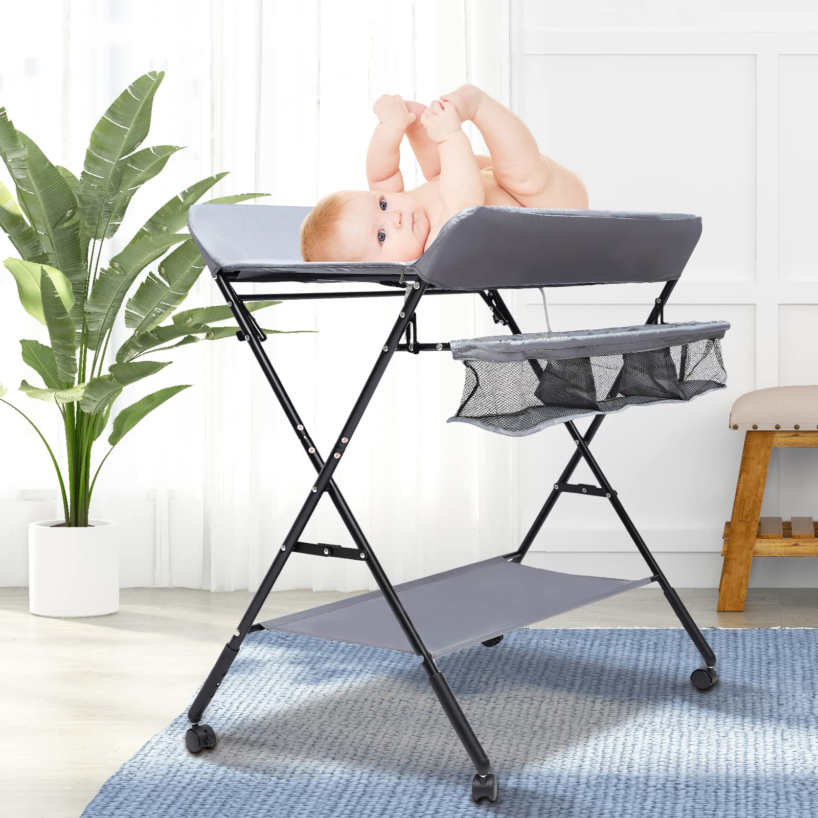 ROMYIX Foldable Baby Changing Table with Storage Bags - Portable Diaper Changing Station for Newborns & Infants - Mobile Nursery Organizer with Wheels - Perfect for Home, Nursery & Travel Use