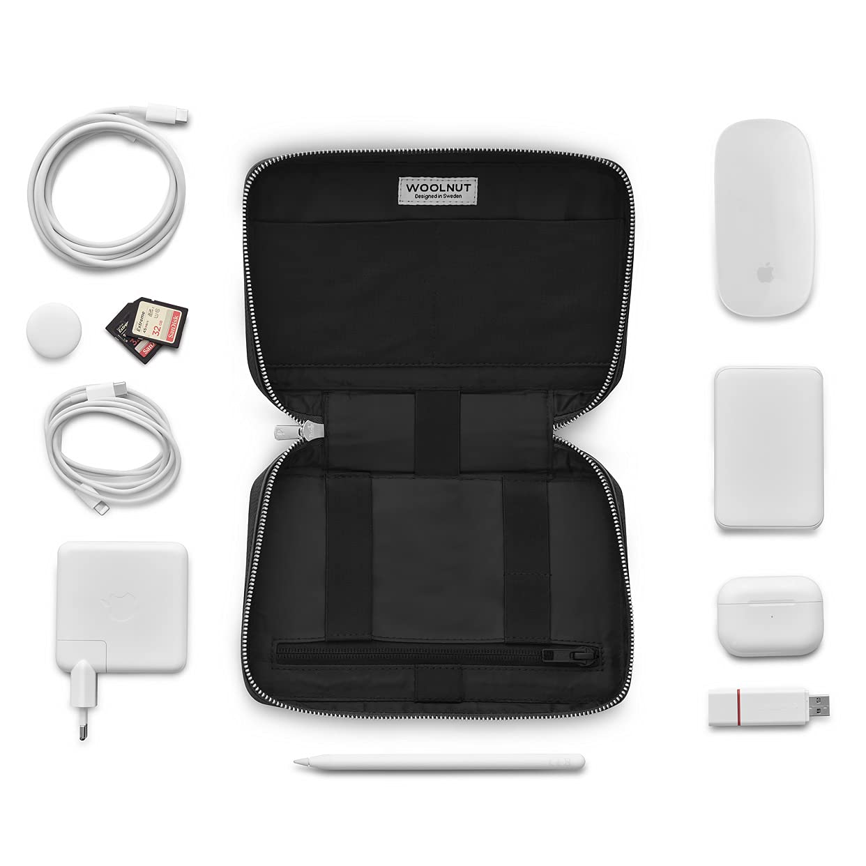 Premium WOOLNUT Genuine Leather Tech Organizer for MacBook, iPad & Accessories - Sleek Black - Perfect for Office, Travel & Daily Organization