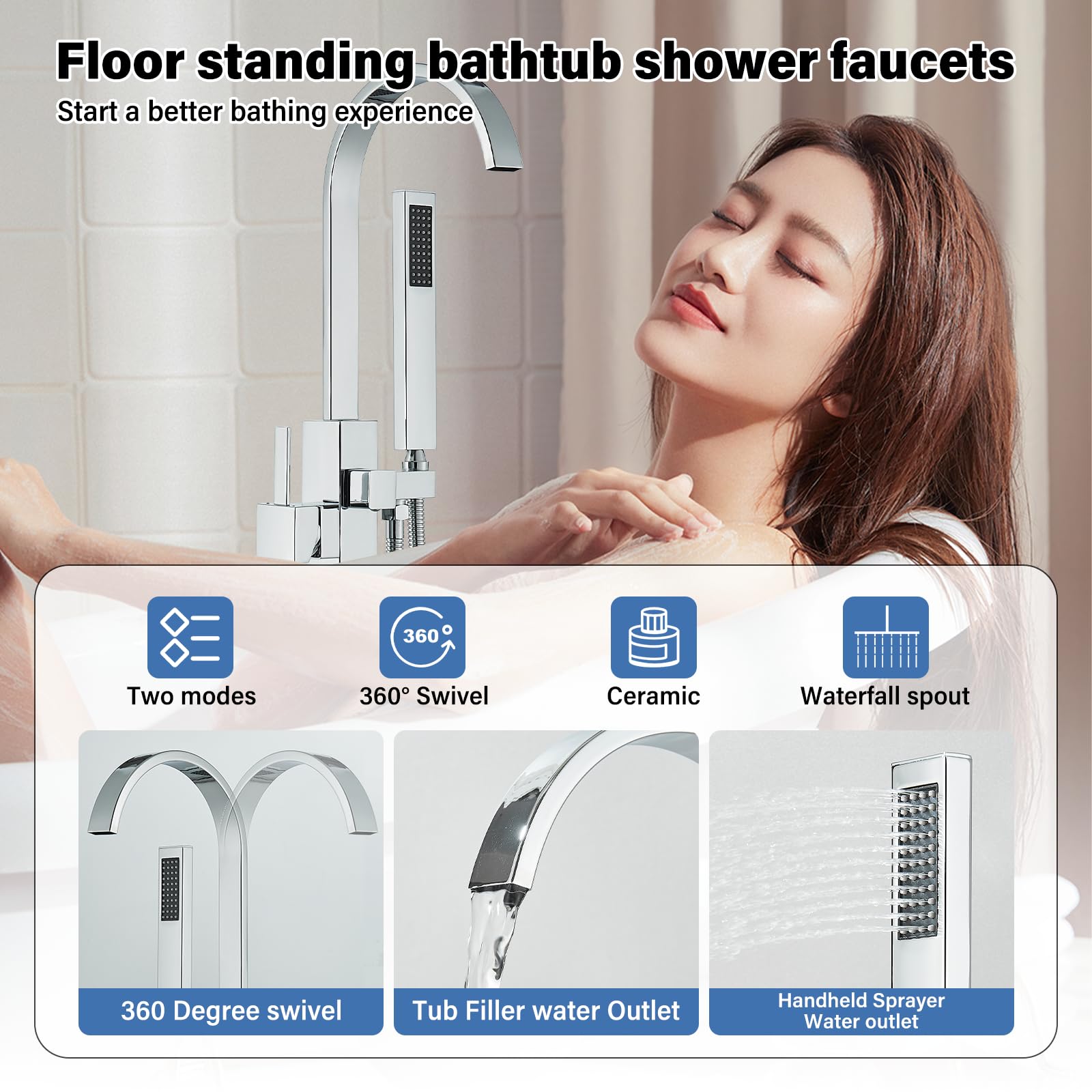 Freestanding Bathtub Faucet with Handheld Shower - Chrome Floor Mount Tub Filler, High Flow Swivel Spout for Luxury Bathroom & Spa Experience