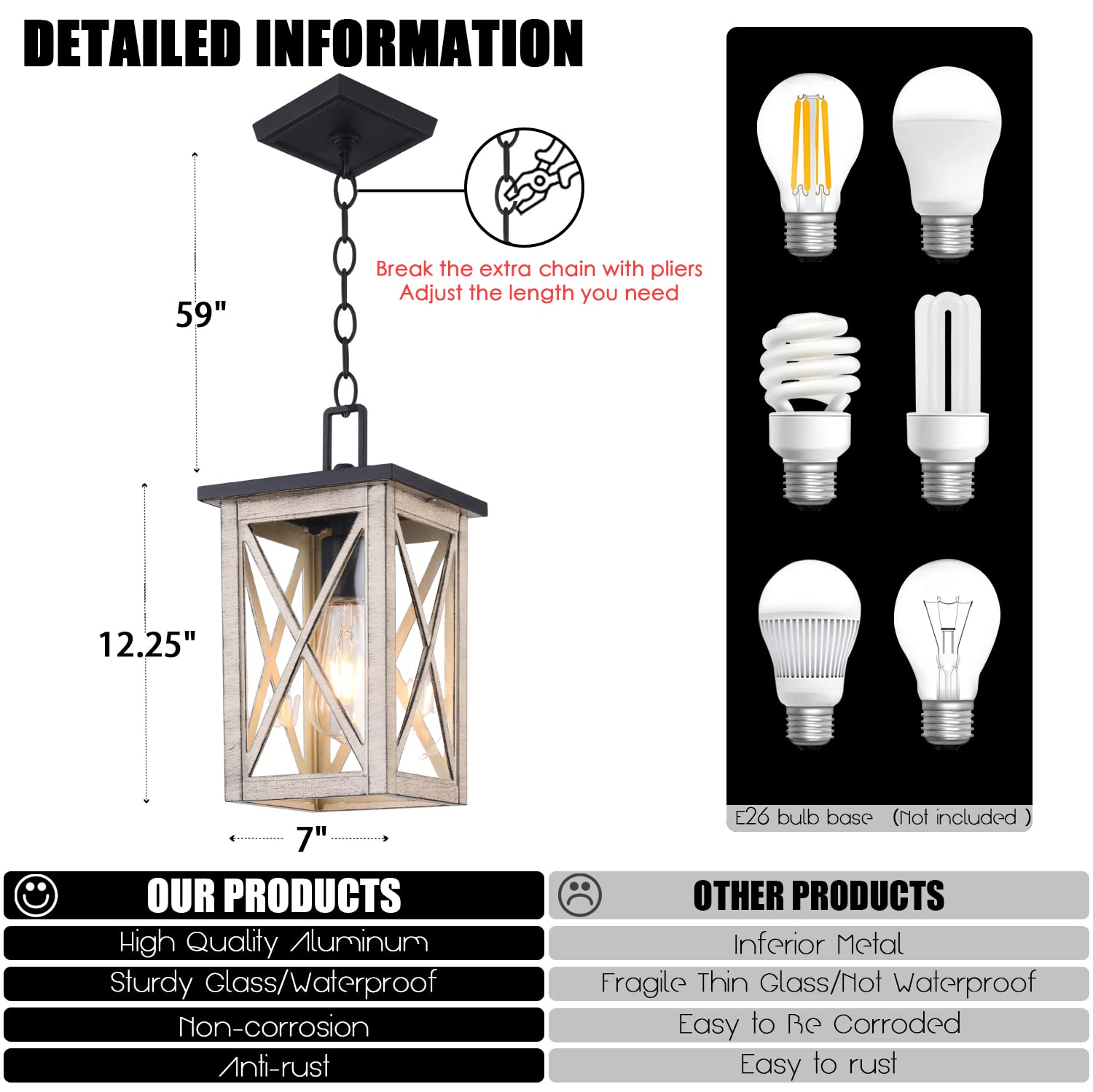 Outdoor Pendant Light - Waterproof Hanging Lantern with Wood Grain & Glass Shade - 1-Light Exterior Fixture for Porch, Patio, Entryway - Perfect for Garden, Deck, and Outdoor Dining Areas