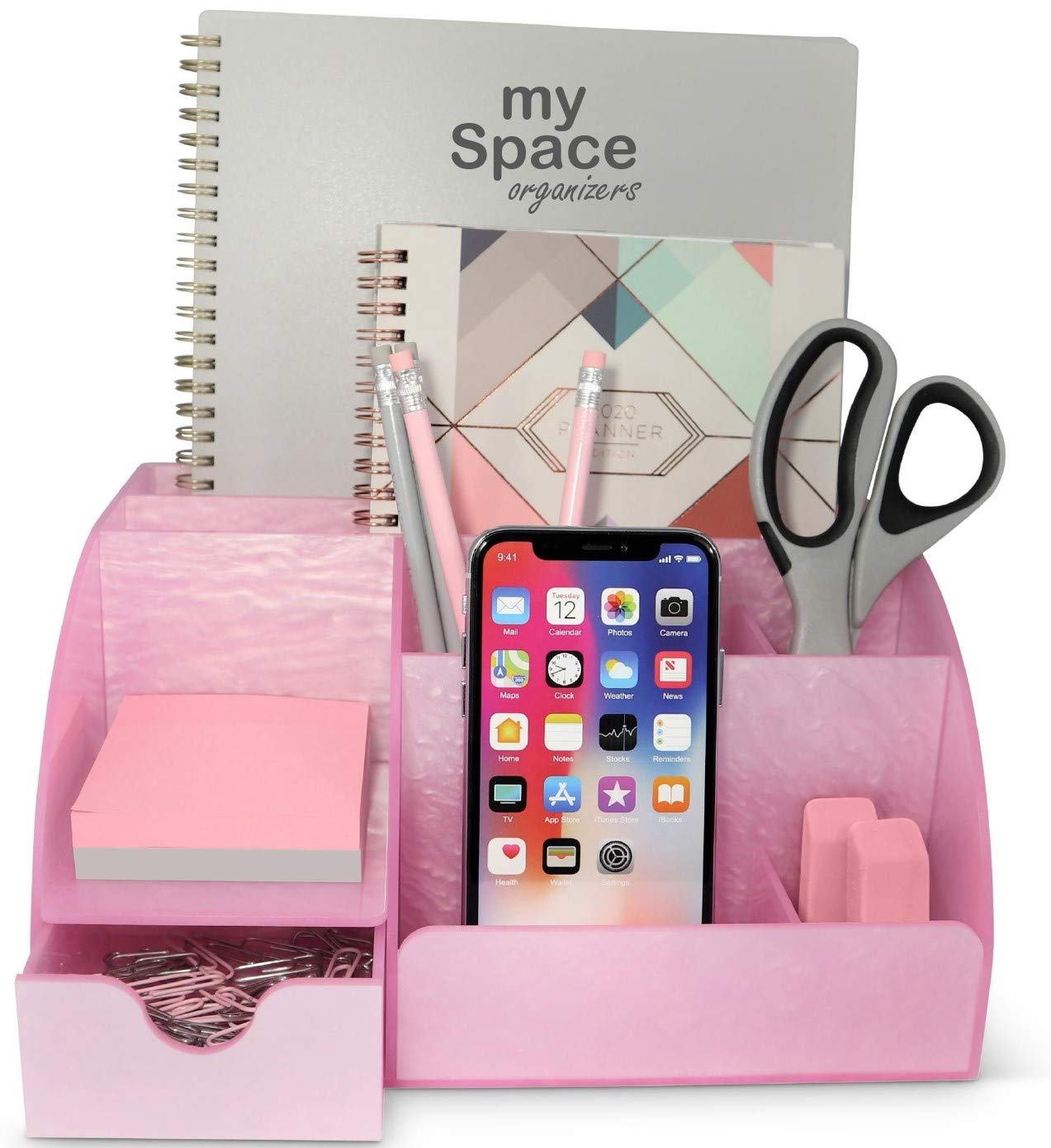 Pink Acrylic Desk Organizer with 9 Compartments & Drawer - Office Supplies Storage, Pen Holder & Cool Desktop Accessories for Home, School & Workspace Organization