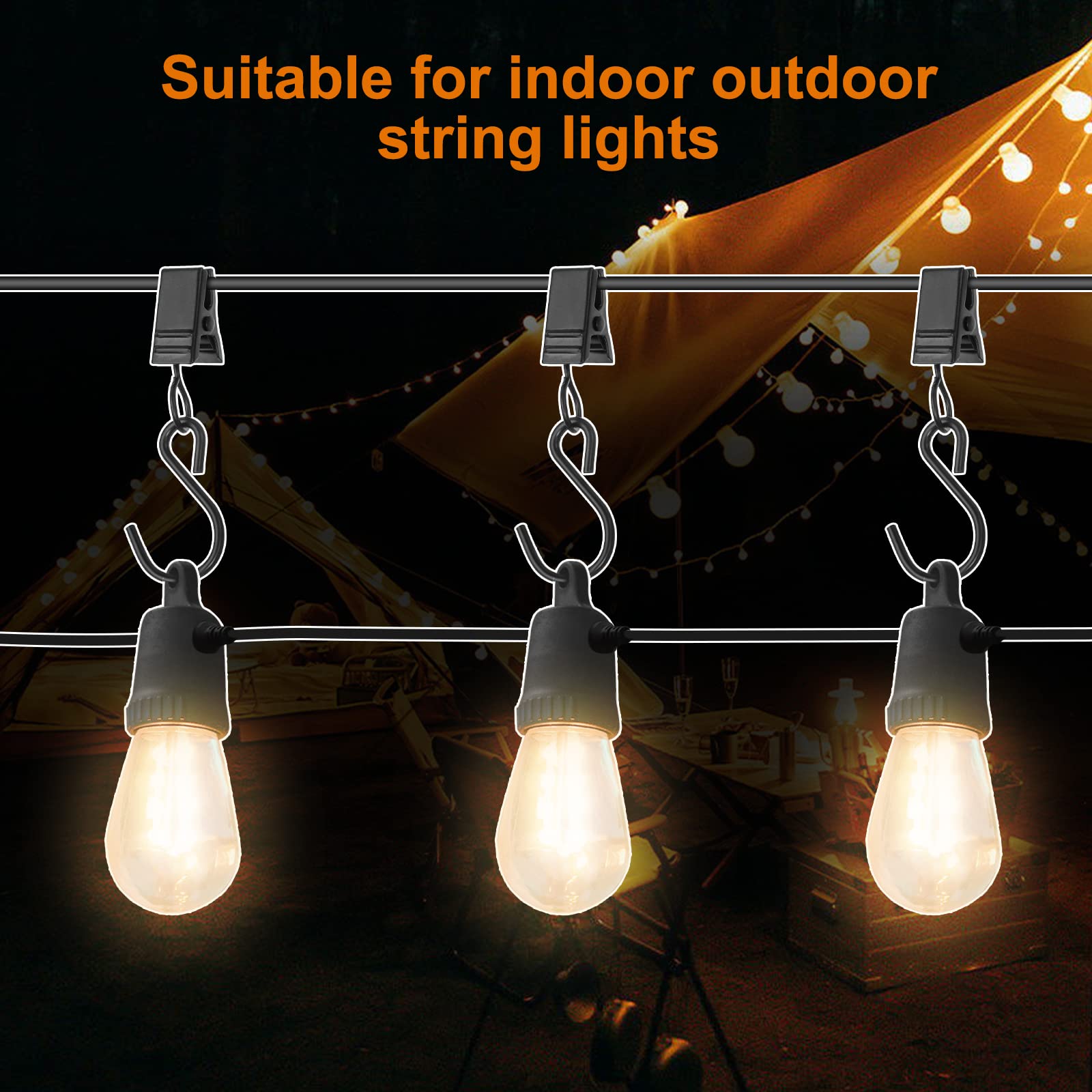 40 PCS Stainless Steel Curtain Clips with S Hooks for Outdoor String Lights - Heavy Duty RV Awning & Gutter Light Clips (Black) - Perfect for Patio, Garden, Camping and Backyard Decoration