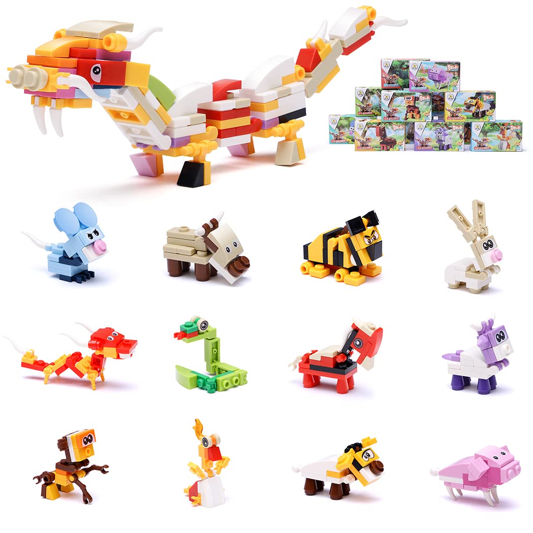 12 in 1 Mini Animals Building Blocks Sets - STEM Educational Toys for Kids Ages 6+, Creative Construction Play, Party Favors & Birthday Gifts (Dragon King Theme, 12 Boxes) | Perfect for Classroom Activities, STEM Learning & Imaginative Playtime