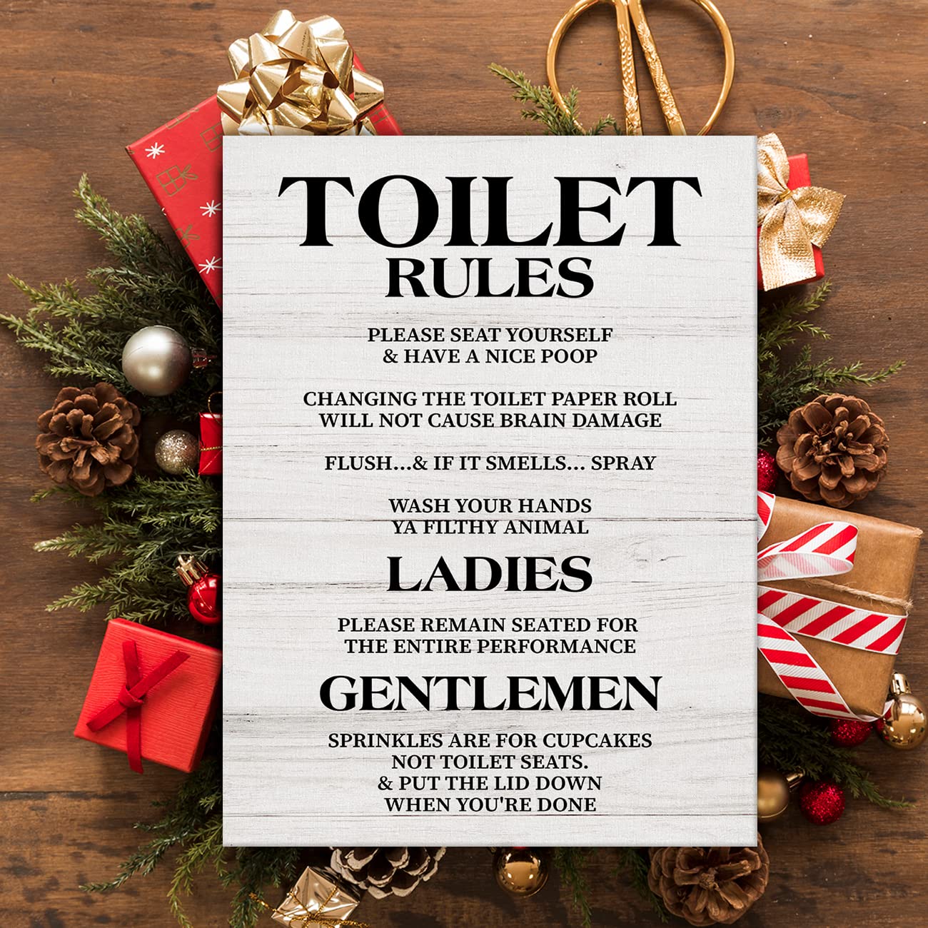 Funny Toilet Rules Canvas Print - Rustic Bathroom Wall Art Decor with Frame, Positive Painting for Home, Office & Tabletop - Perfect for Powder Rooms, Guest Bathrooms and Humorous Home Decor