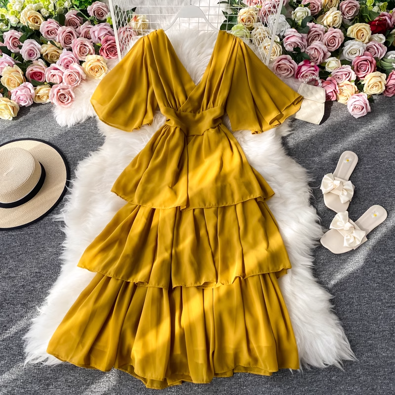Elegant Chiffon V-Neck Backless Long Dress with Ruffle Hem - Perfect for Evening Parties, Weddings & Special Occasions