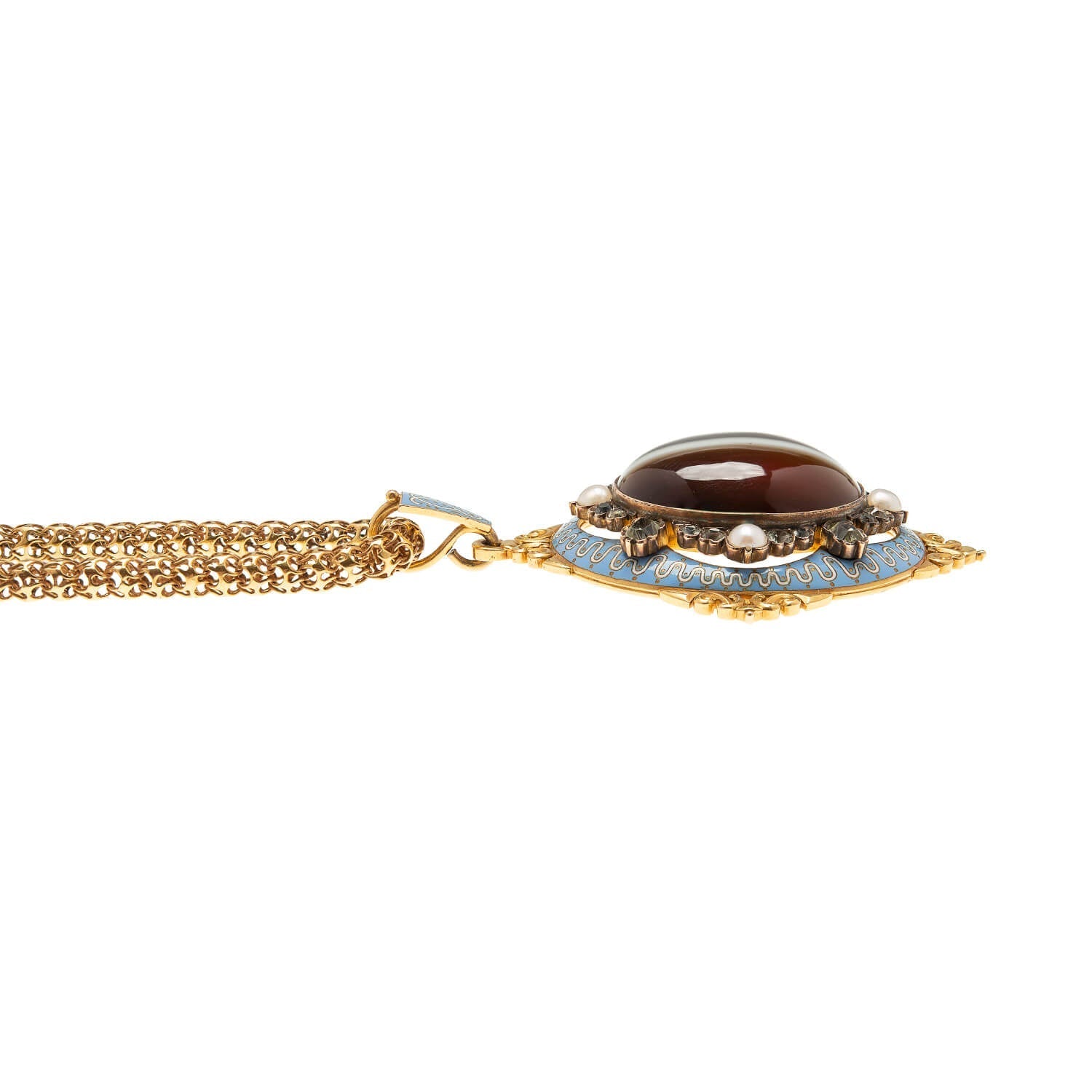 Antique Victorian 18K Gold Enameled Banded Agate Pendant with Chrysoberyl & Natural Pearls - Elegant Vintage Jewelry for Weddings, Parties & Special Occasions