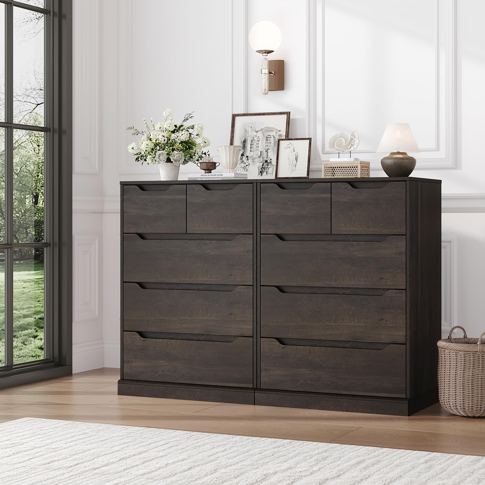 Modern 5-Drawer Wood Dresser for Bedroom - Dark Brown Storage Chest with Cut-Out Handles, Organizer Cabinet for Clothes & Accessories - Perfect for Bedroom, Living Room, Entryway & Hallway Storage Solutions