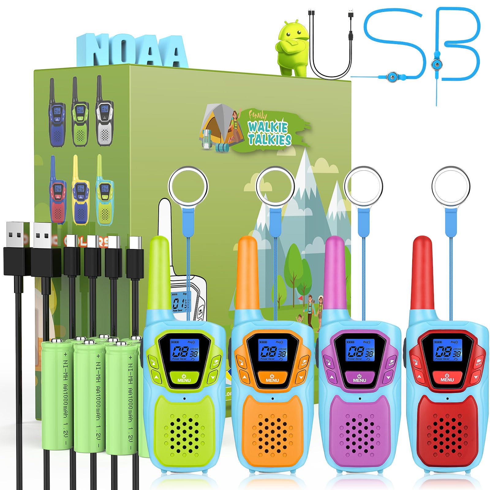 Long Range Rechargeable Walkie Talkies for Kids & Adults - 4 Pack FRS 2 Way Radios with 4 Mile Range, Lanyard, NOAA Weather Alert & USB Charging - Durable Drop-Resistant Design for Camping, Hiking, Skiing & Outdoor Family Adventures (Ideal for Ages 3-12)