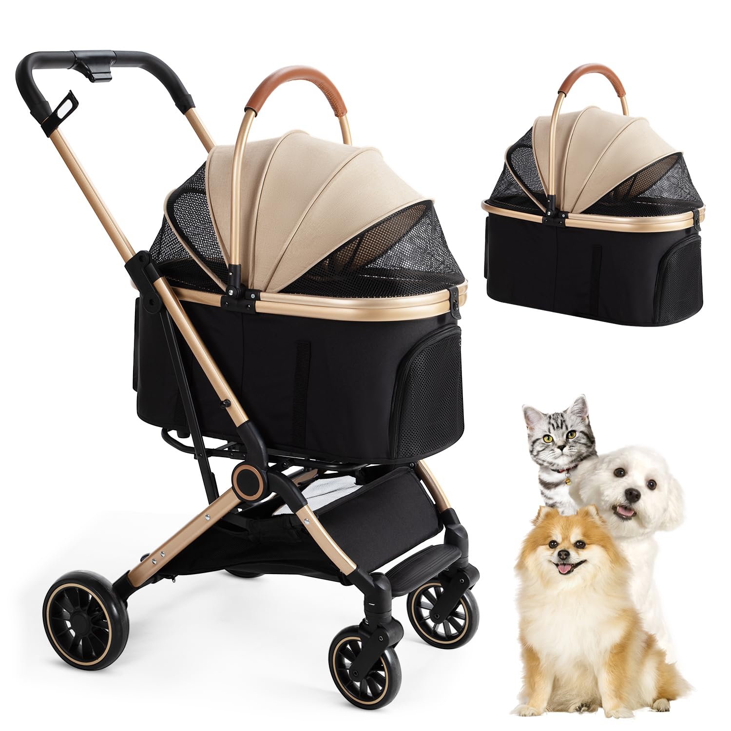 3 in 1 Foldable Pet Stroller with 4 Wheels - Travel Carrier for Small & Medium Dogs & Cats up to 50lbs - Detachable Portable Pet Bag & Storage Basket - Perfect for Park Walks, Vet Visits & Shopping Trips