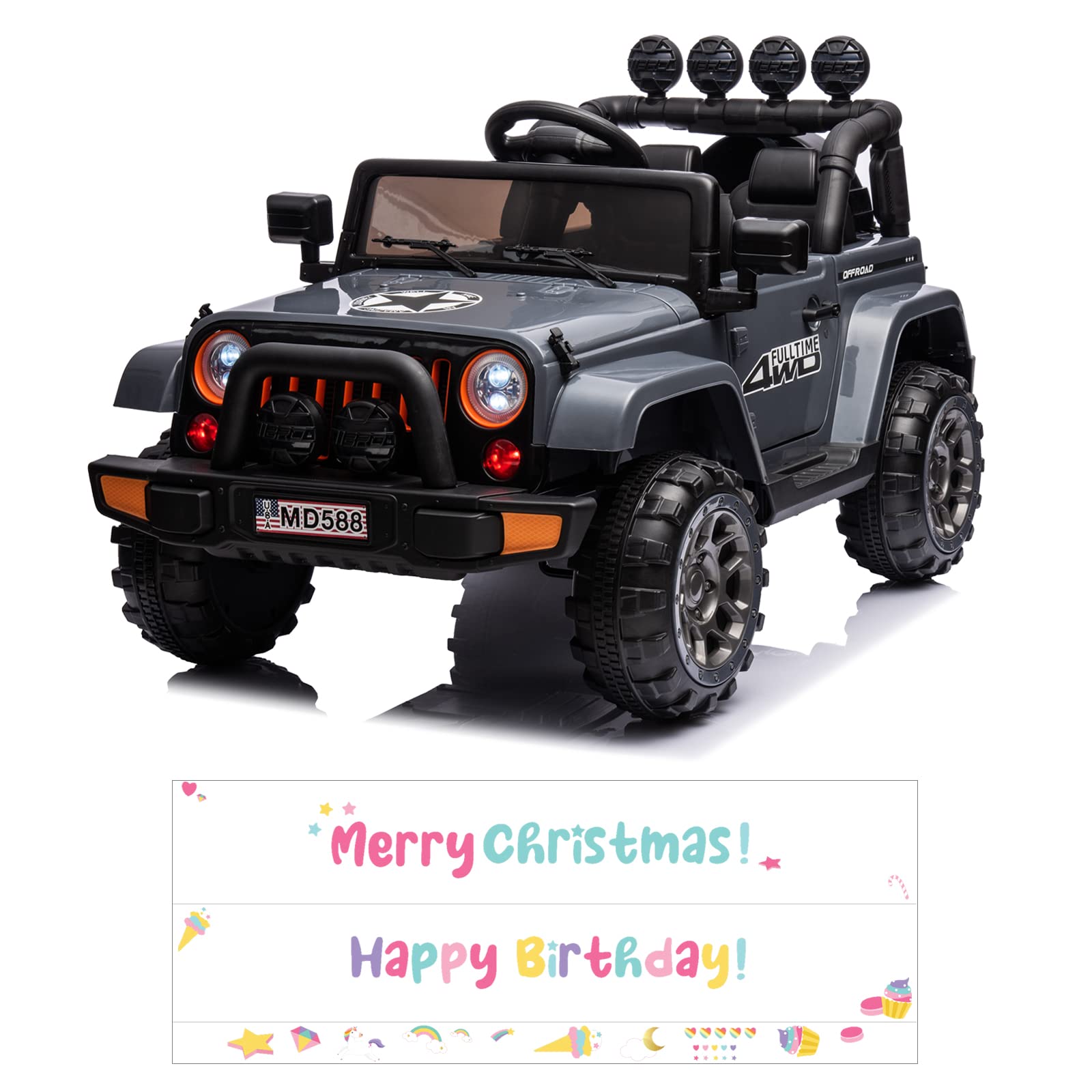 IKON MOTORSPORTS 12V Kids Electric Ride-On Car with Parental Remote Control, DIY Stickers, 2 Motors & LED Lights - Full Function Doors, Music Player in Gunmetal Gray - Perfect for Outdoor Play & Birthday Gifts for Toddlers Ages 3-8 Years Old