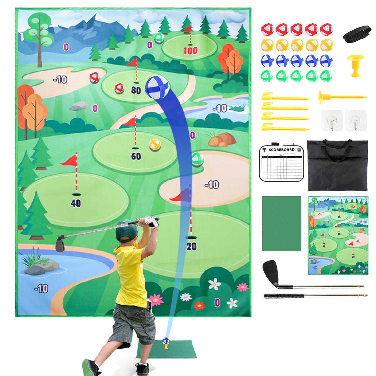 Premium Golf Chipping Game Set with Driver - 47x70 Inch Practice Mat for Adults | Indoor & Outdoor Golf Training | Portable, Durable & Hangable Design with 20 Balls | Perfect for Backyard, Garage & Office Practice