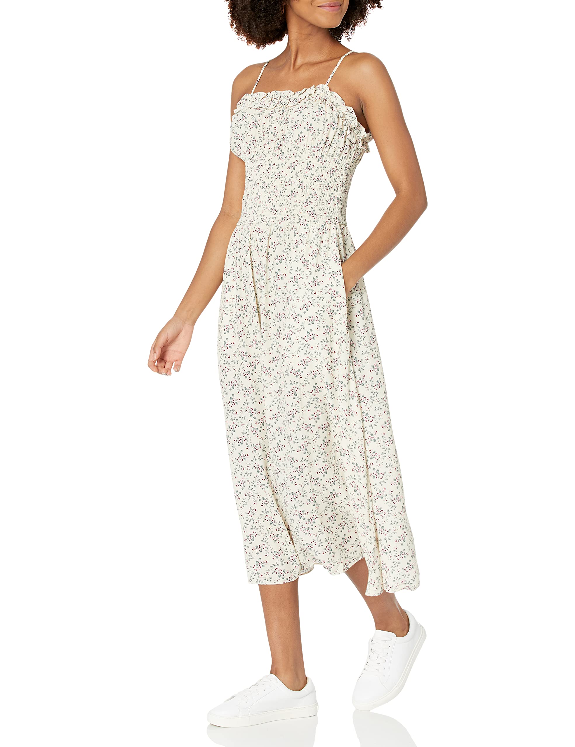 The Drop Women's Ivory Floral Print Smocked Midi Dress by Lauren Kay Sims | Summer Boho Dress for Beach Vacations, Brunch Dates & Outdoor Weddings