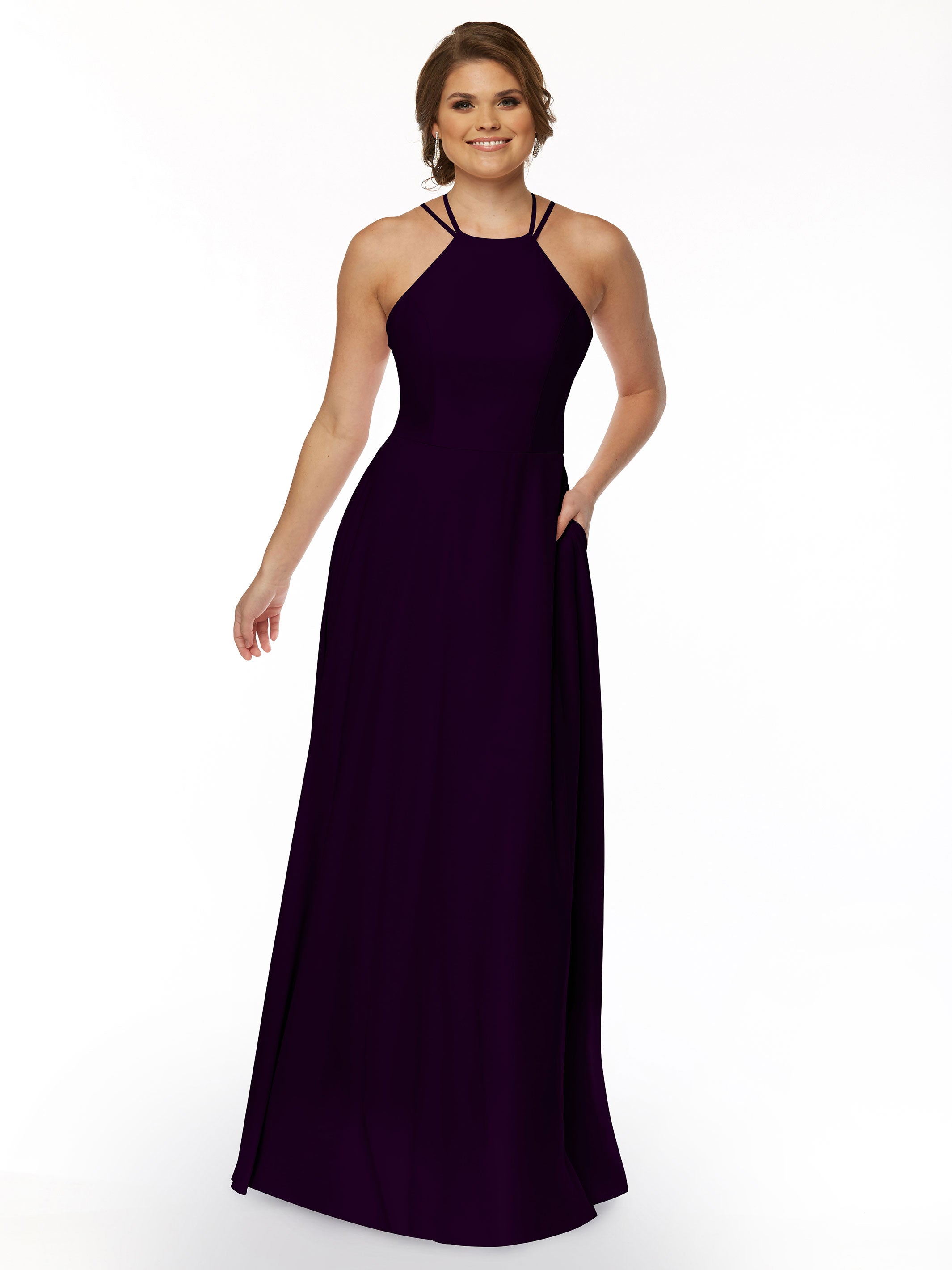 Elegant 83006 Stretch Chiffon A-Line Bridesmaid Dress with Halter Neckline - Perfect for Weddings, Formal Events & Special Occasions