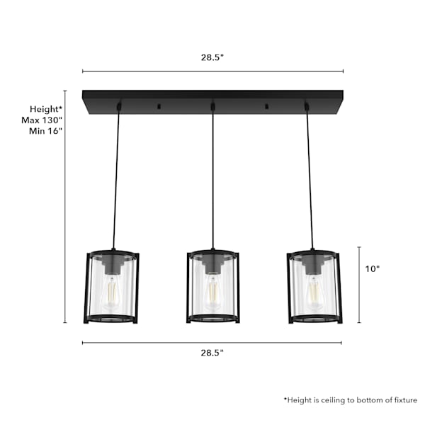 Hunter Astwood 3-Light Linear Chandelier in Matte Black - Modern Farmhouse Lighting Fixture for Dining Room, Kitchen Island & Entryway