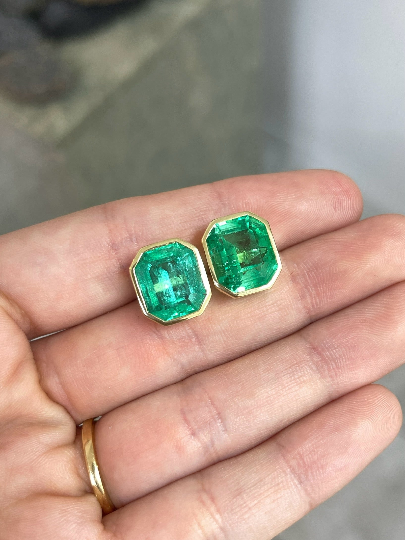 14.30tcw Large Bezel Set Natural Colombian Emerald Stud Earrings in 18K Gold | Luxury Jewelry for Women, Perfect for Weddings, Parties & Special Occasions