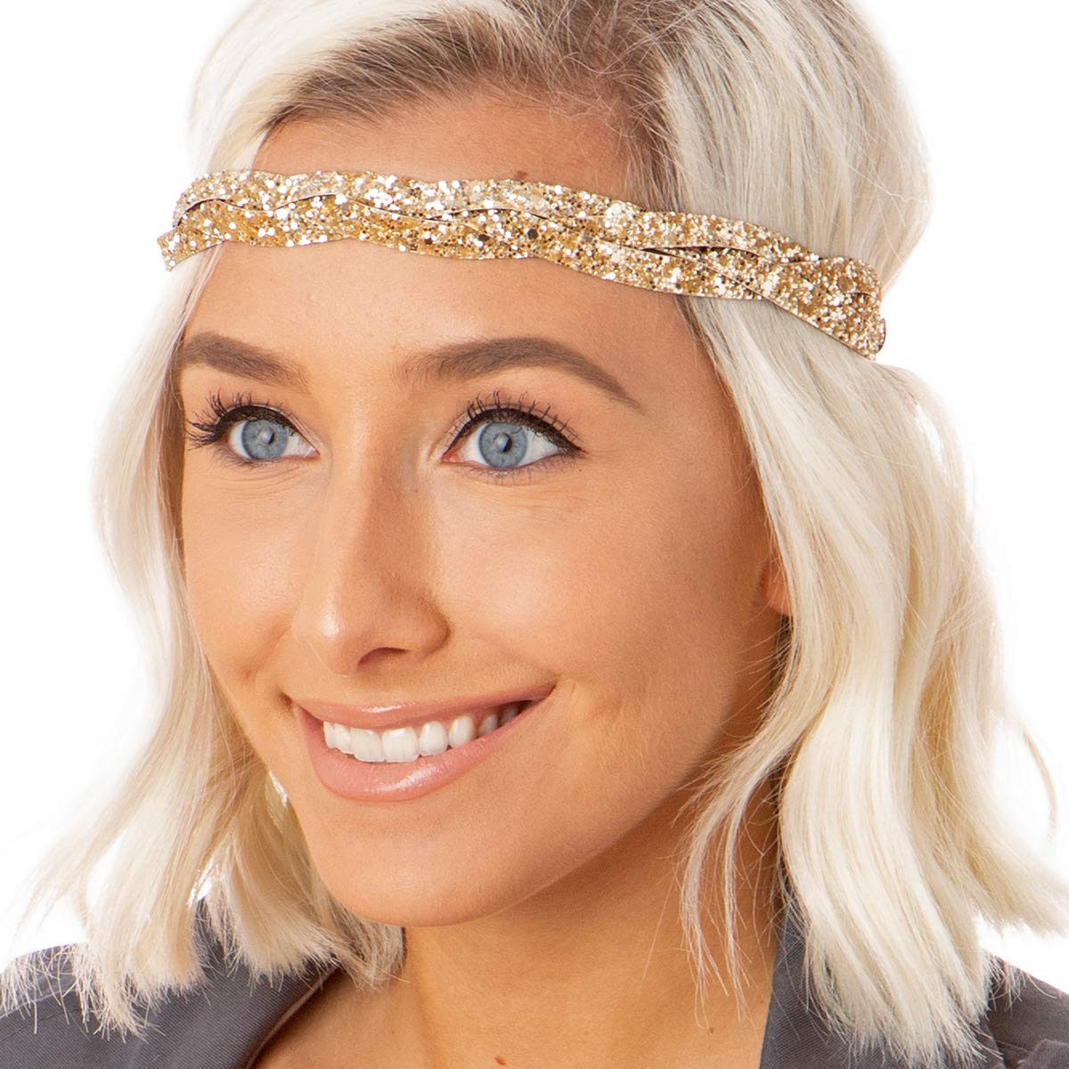 Hipsy Women's Adjustable Sparkly Glitter Headbands - 3 Pack Braided Hair Bands with Rhinestones (Black/Gold/Red) for Parties, Weddings & Everyday Fashion Accessories