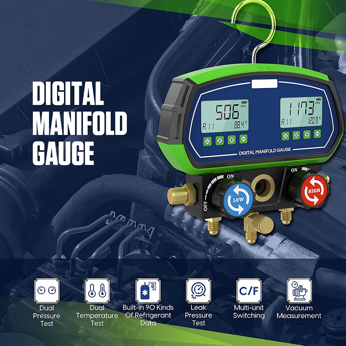 Digital Manifold Dual Gauge Set HVAC - Professional Refrigeration Vacuum Pressure Temperature Leakage Tester with 3 Modes for 90+ Refrigerants - Ideal for HVAC Technicians, AC Repair & Refrigerant Charging