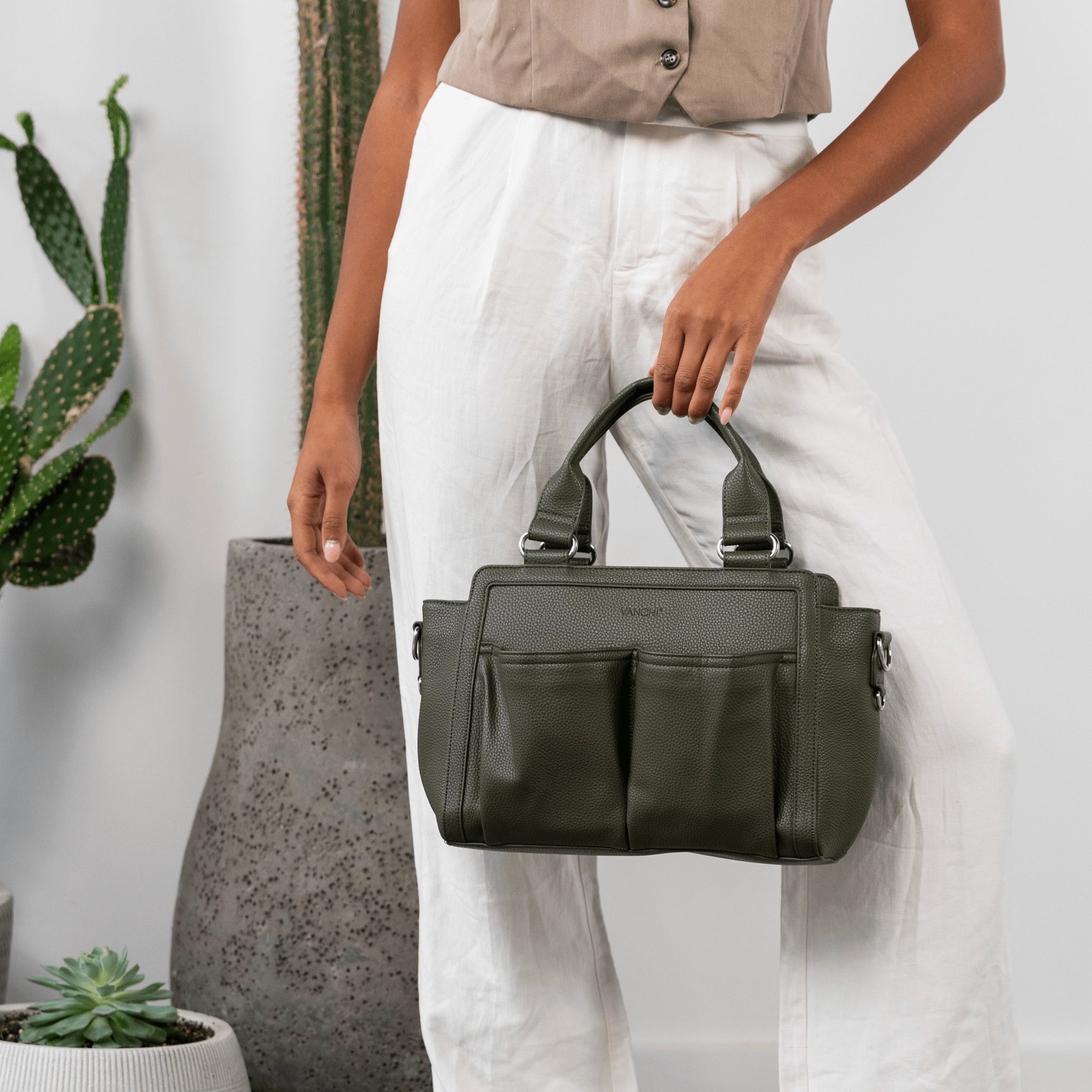 Vanchi Amelia Convertible Diaper Bag & Stroller Organizer - Fern Green | Waterproof Baby Essentials Tote for Travel, Shopping & Daily Use