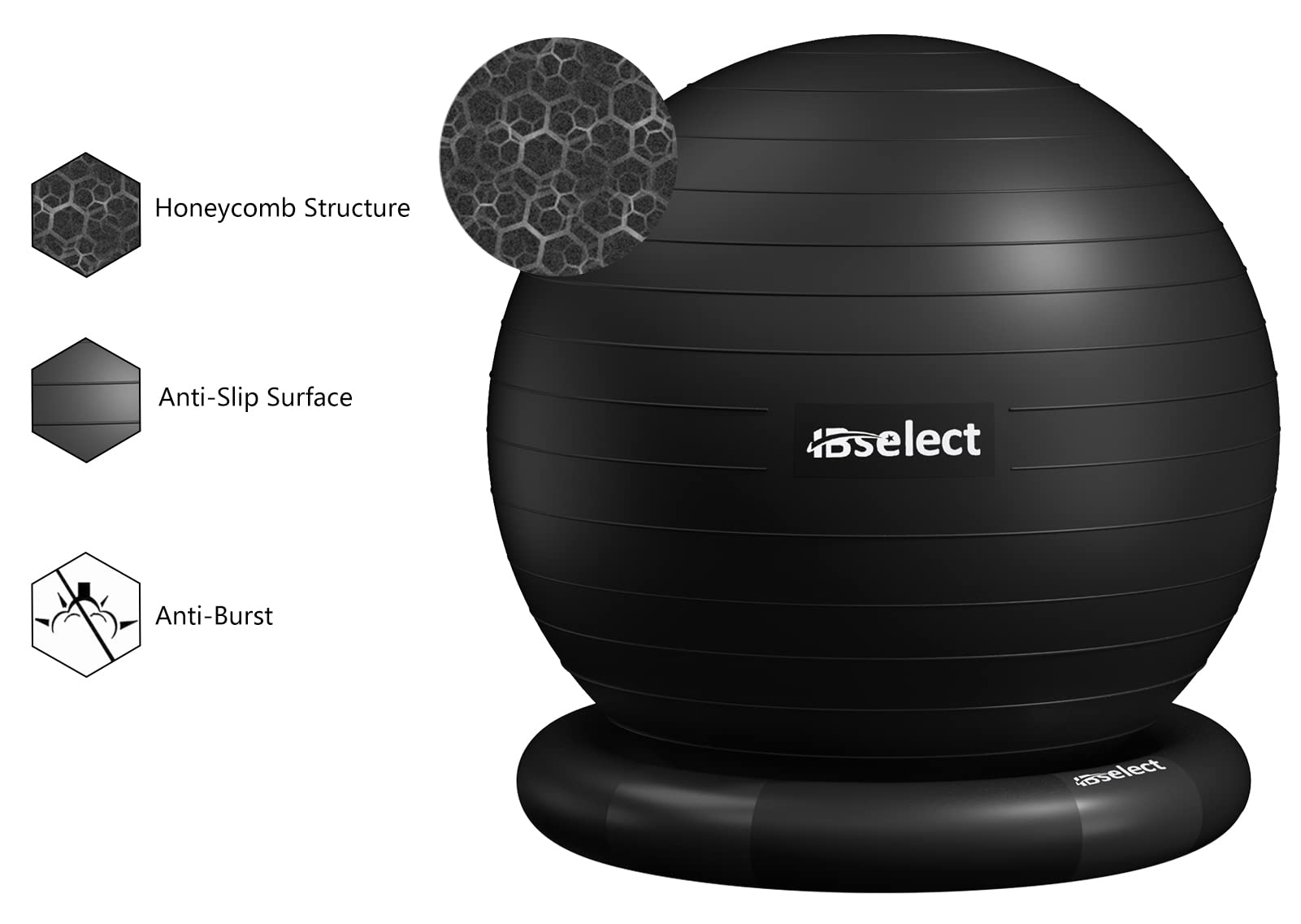 HBselect 65cm Fitness Ball for Pilates, Yoga, Pregnancy & Gym Workouts - Anti-Burst Swiss Ball with Stability Base, Resistance Bands, Pump & Instructions - Perfect for Home Exercise, Office Sitting & Physical Therapy