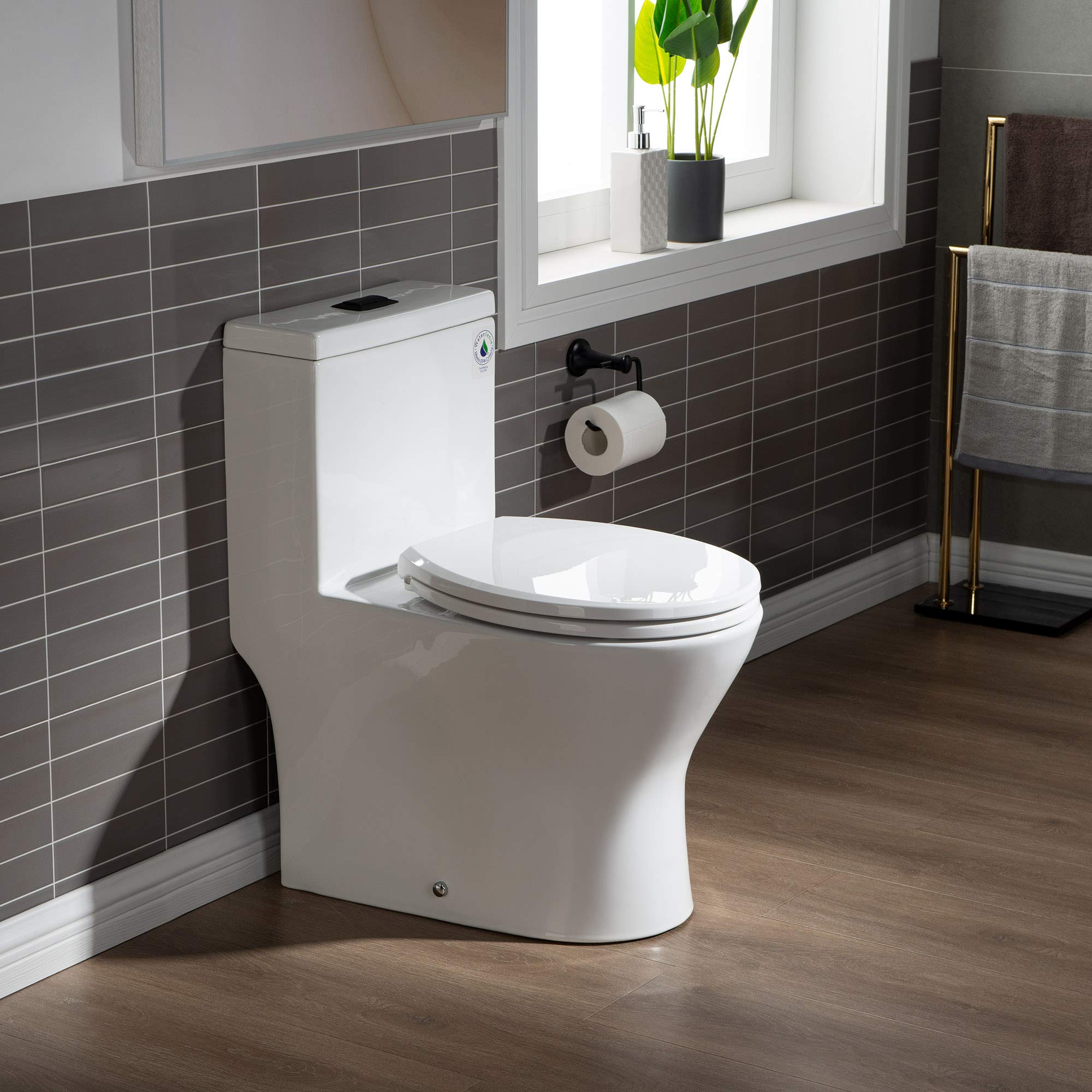 WOODBRIDGE Compact Dual Flush One Piece Toilet 1.28 GPF - Soft Closing Seat, 1000g MaP Score, Small Space Saving Design with Matte Black Button (B0500-MB, White) - Perfect for Tiny Bathrooms, Apartments & RVs