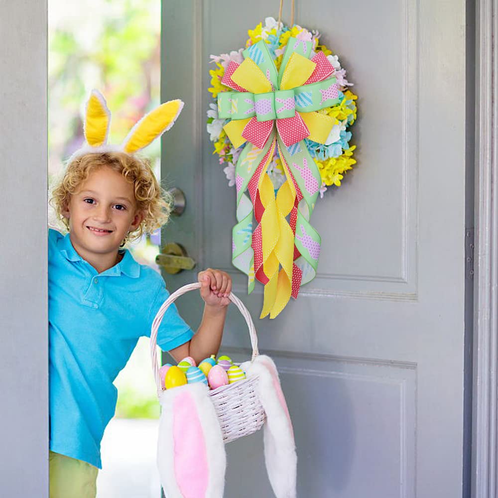 Large Easter Wreath Bows for Front Door - Pink Yellow Green Burlap Bows with Easter Bunny Rabbits Design | Spring Holiday Decor for Wreaths, Wall, Tree Topper | Perfect for Easter Home Decorations & Spring Party