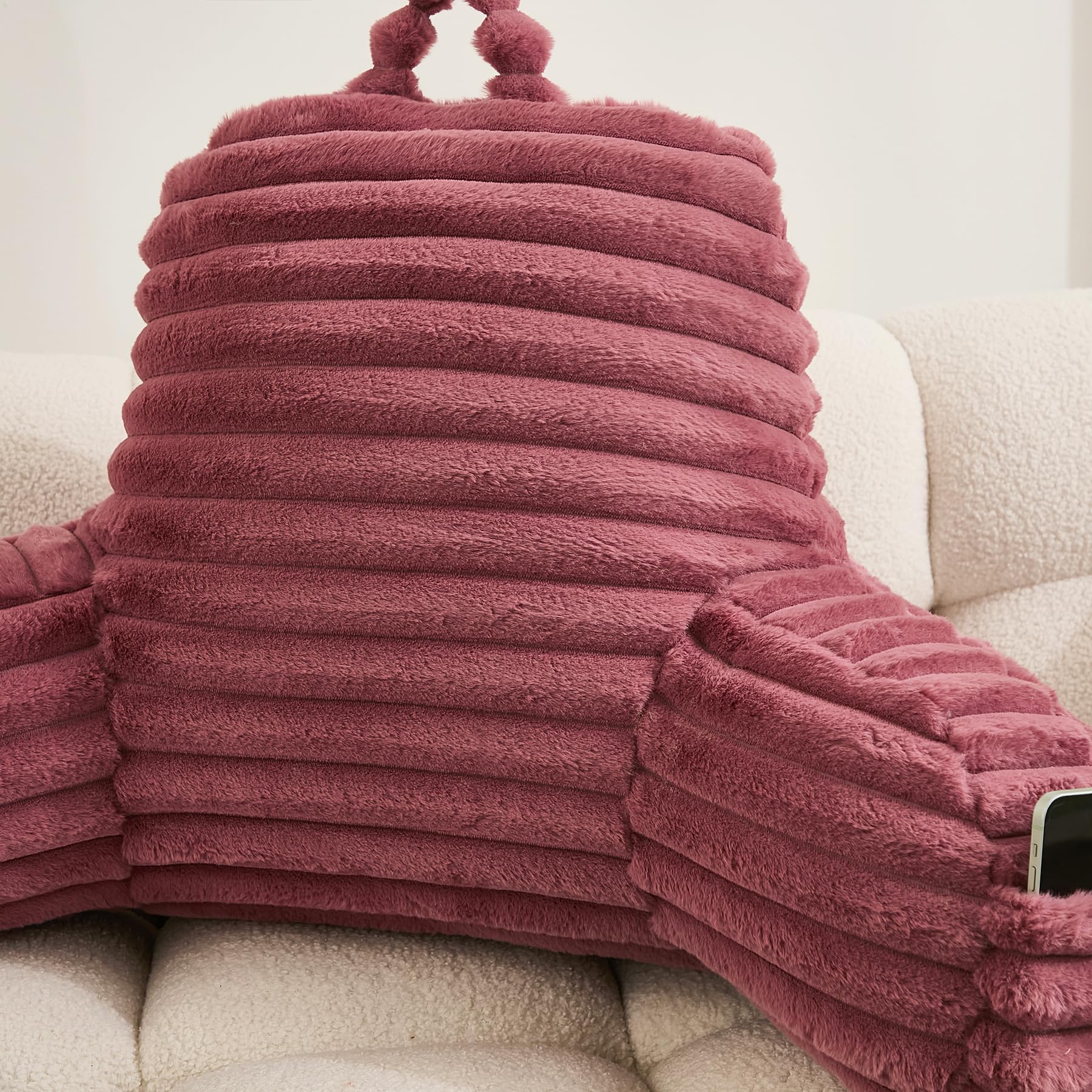 WERDIM Large Faux Fur Reading Pillow with Arms and Pockets - Comfortable Bed Rest Pillow for Sitting in Bed, Sofa or Floor - Dusty Rose (Perfect for Reading, Watching TV, Gaming & Relaxing)