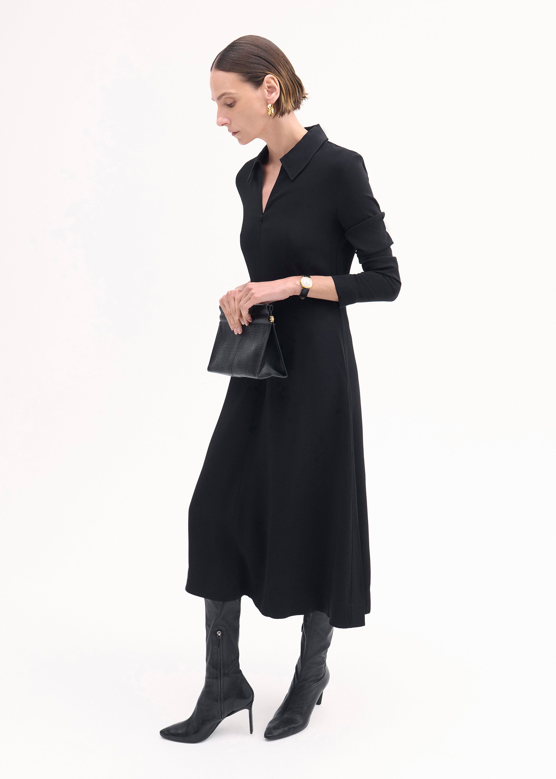 Elegant Black Crepe Long Sleeve Shirt Dress for Women - Perfect for Office Wear, Casual Outings & Special Occasions