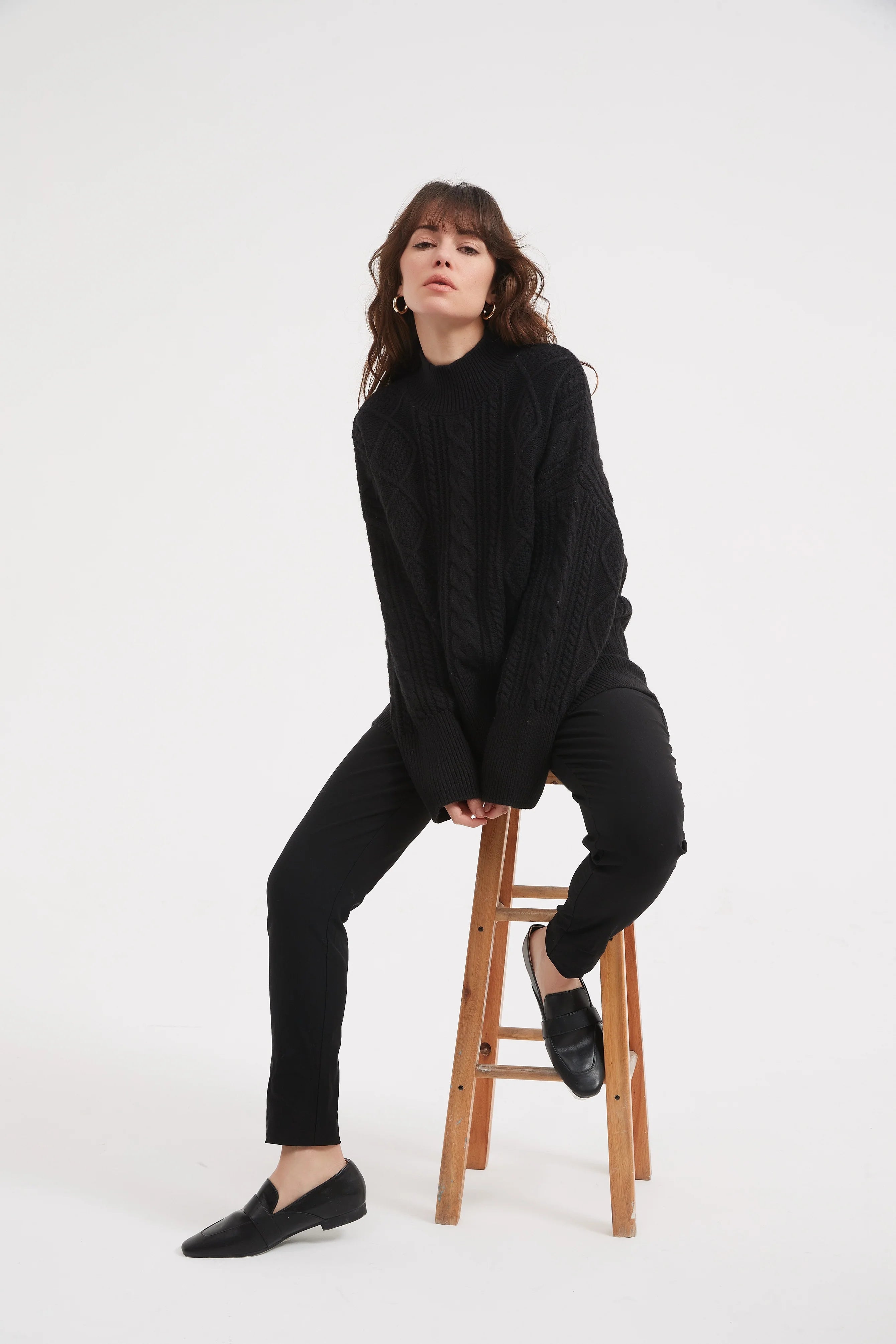 Classic Black Cable Knit Turtleneck Sweater for Women - Cozy Winter Pullover for Office, Casual & Holiday Outfits