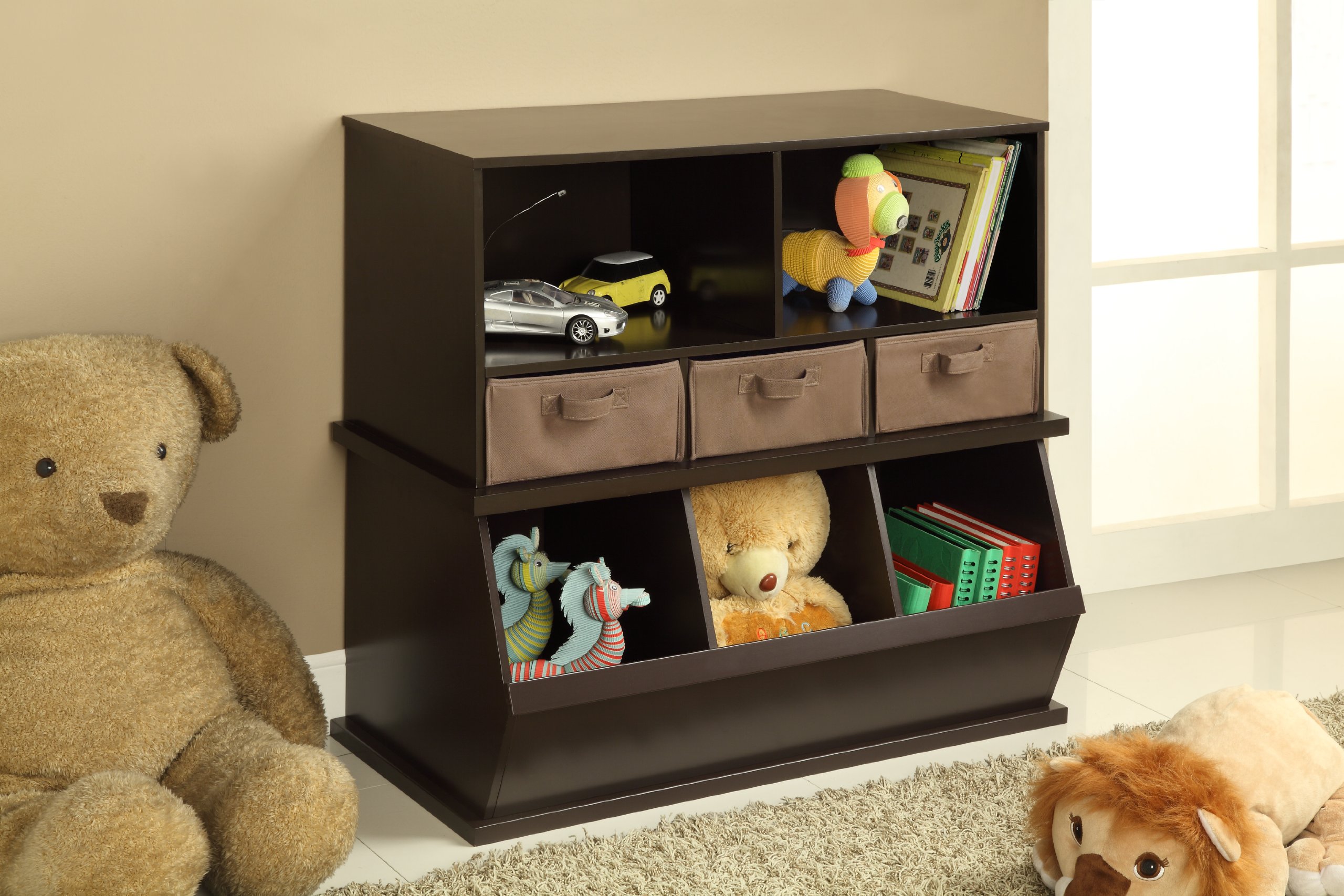 Badger Basket 3-Bin Stackable Toy Storage Organizer - Espresso Finish | Kids Room, Playroom & Nursery Organization Solution