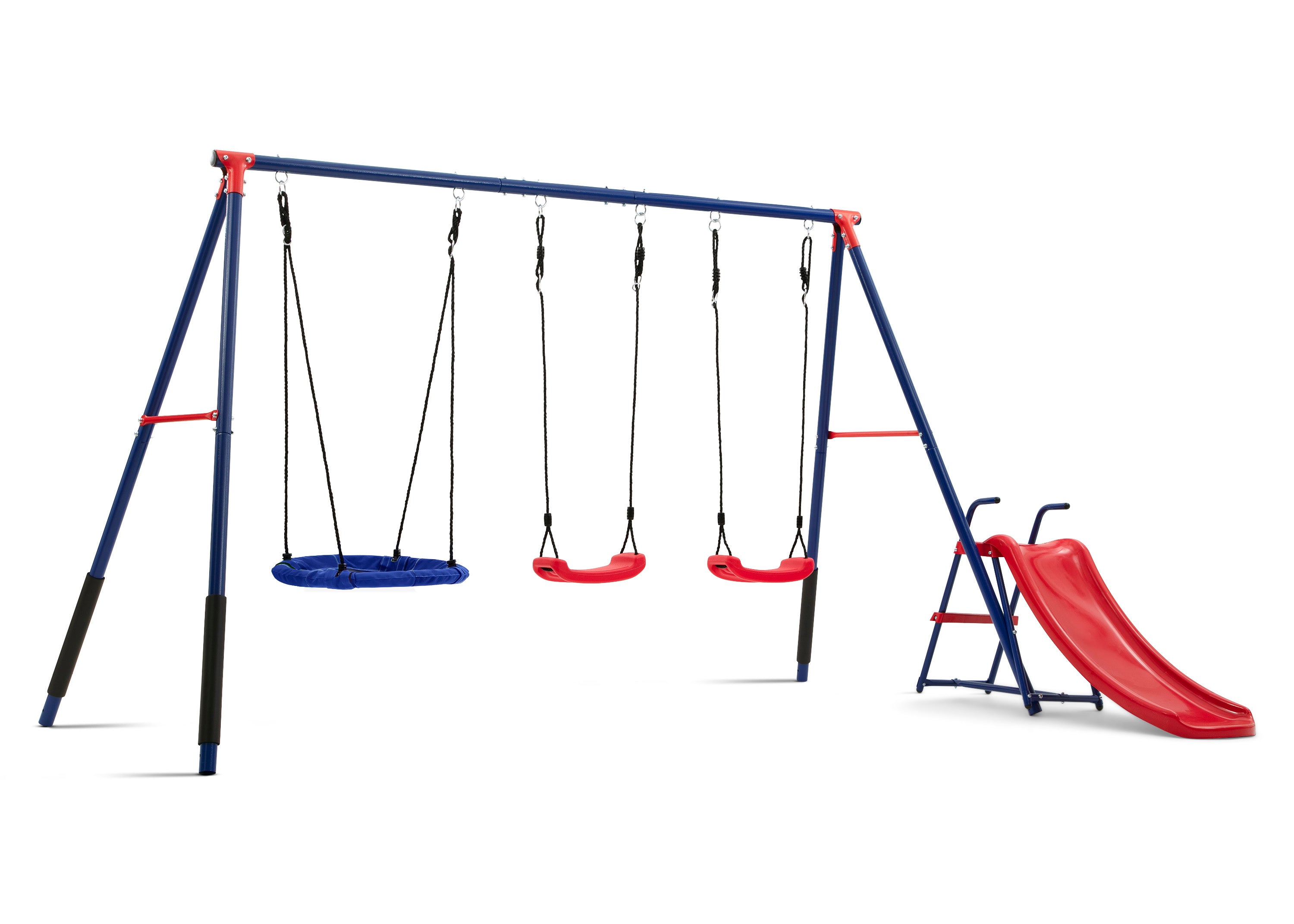 FunZone Outdoor Metal 4-Piece Swing Set for Kids - Includes 2 Belt Swings, 1 Saucer Swing & Slide - Heavy Duty Backyard Playset for Children Ages 3-12 - Perfect for Gardens, Parks & Outdoor Play Areas