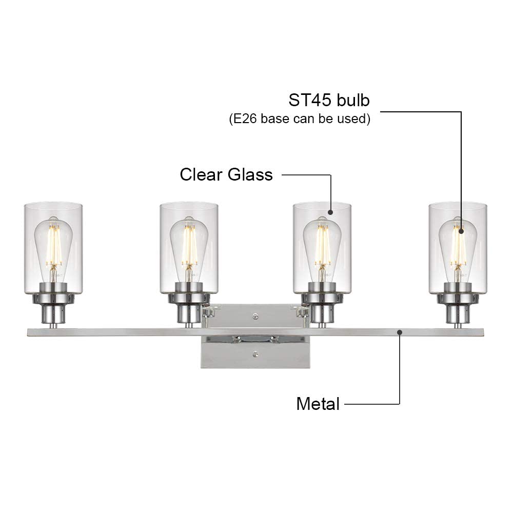 4-Light Modern Bathroom Vanity Light Fixture - Chrome Finish with Clear Glass Shade - Wall Mount Mirror Lighting for Bedroom, Dressing Table & Vanity (Perfect for Makeup Application & Home Decor)