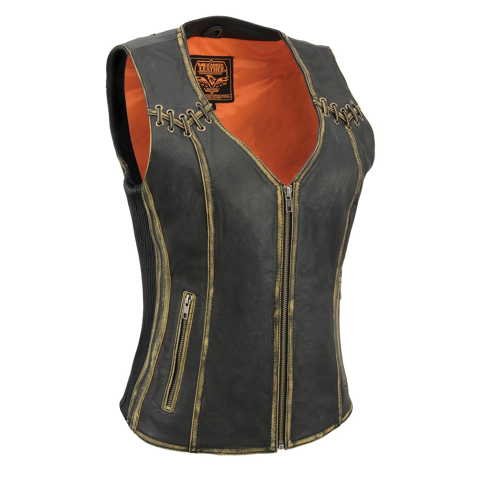 Milwaukee Leather MLL4527 Women's Distressed Brown Motorcycle Vest with Stretch Side Panels & Lacing Detail - Size 2XL - Perfect for Riding & Biker Fashion