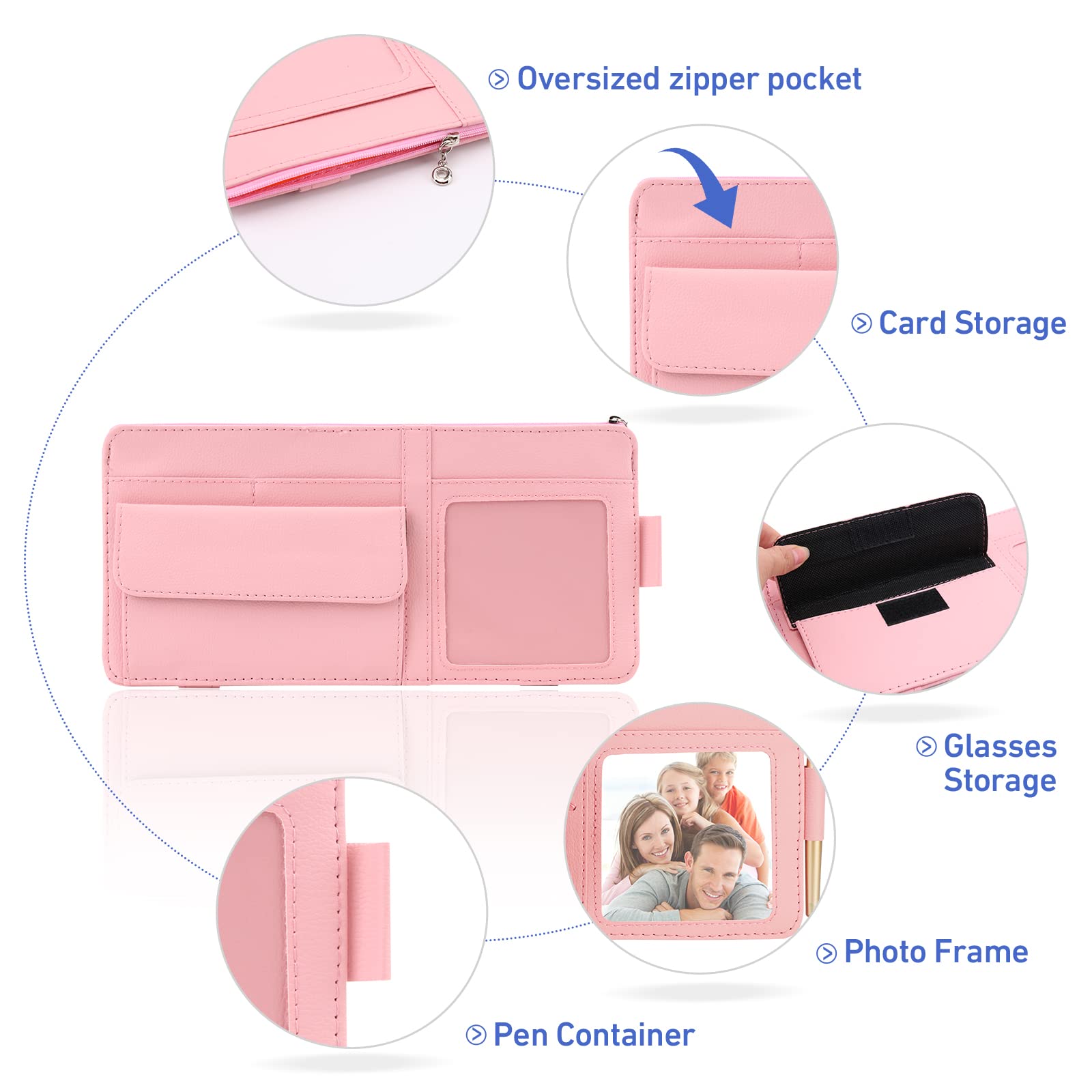 Pink Car Visor Organizer with Glasses Holder & Picture Frame - Auto Sun Visor Storage for Women - Essential Truck Accessories for Sunglasses, Cards & Photos - Perfect for Road Trips & Daily Commutes