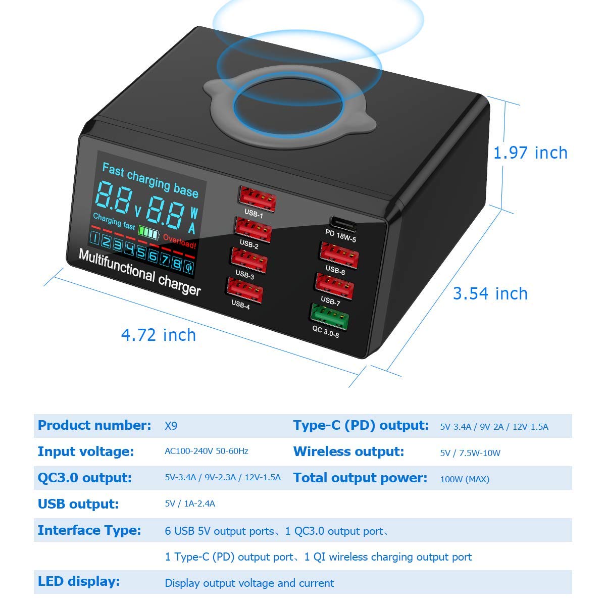 8-Port 100W Fast Charging Station - 7 USB + 1 QC3.0 for Apple & Android Phones - Home & Office Use