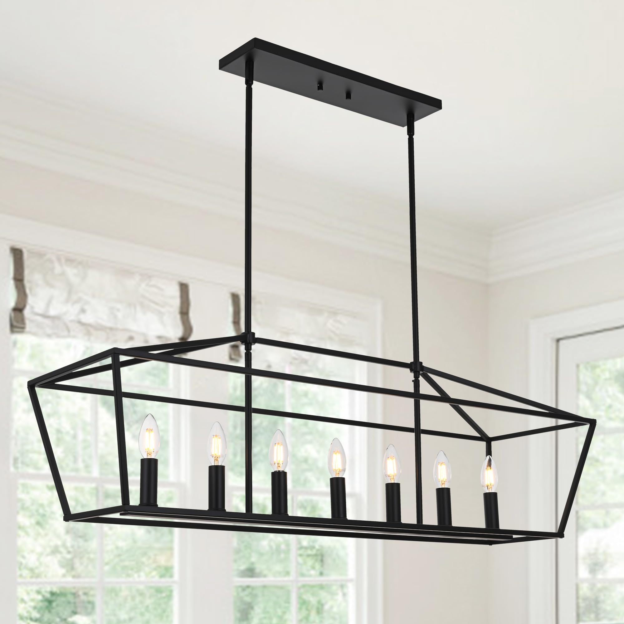 MELUCEE 7-Light Black Industrial Farmhouse Chandelier - Linear Pendant Lighting for Dining Room, Kitchen Island & Table - E12 Base Candle Lantern Style - Perfect for Rustic, Modern & Vintage Home Decor