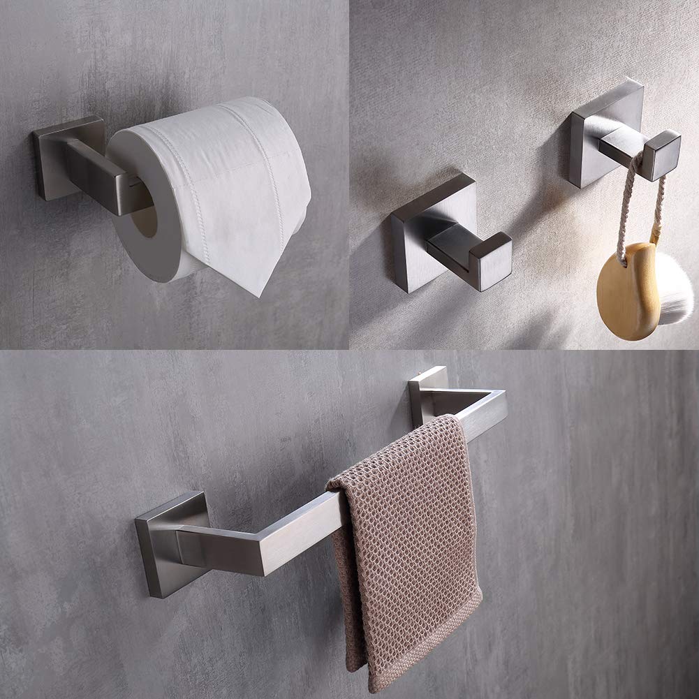 TASTOS 3-Piece Brushed Nickel Bathroom Hardware Set - Premium Stainless Steel Wall Mounted Robe Hook, Toilet Paper Holder & 16-Inch Towel Bar (Silver) - Perfect for Modern Bathrooms, Powder Rooms & Spa-Style Decor