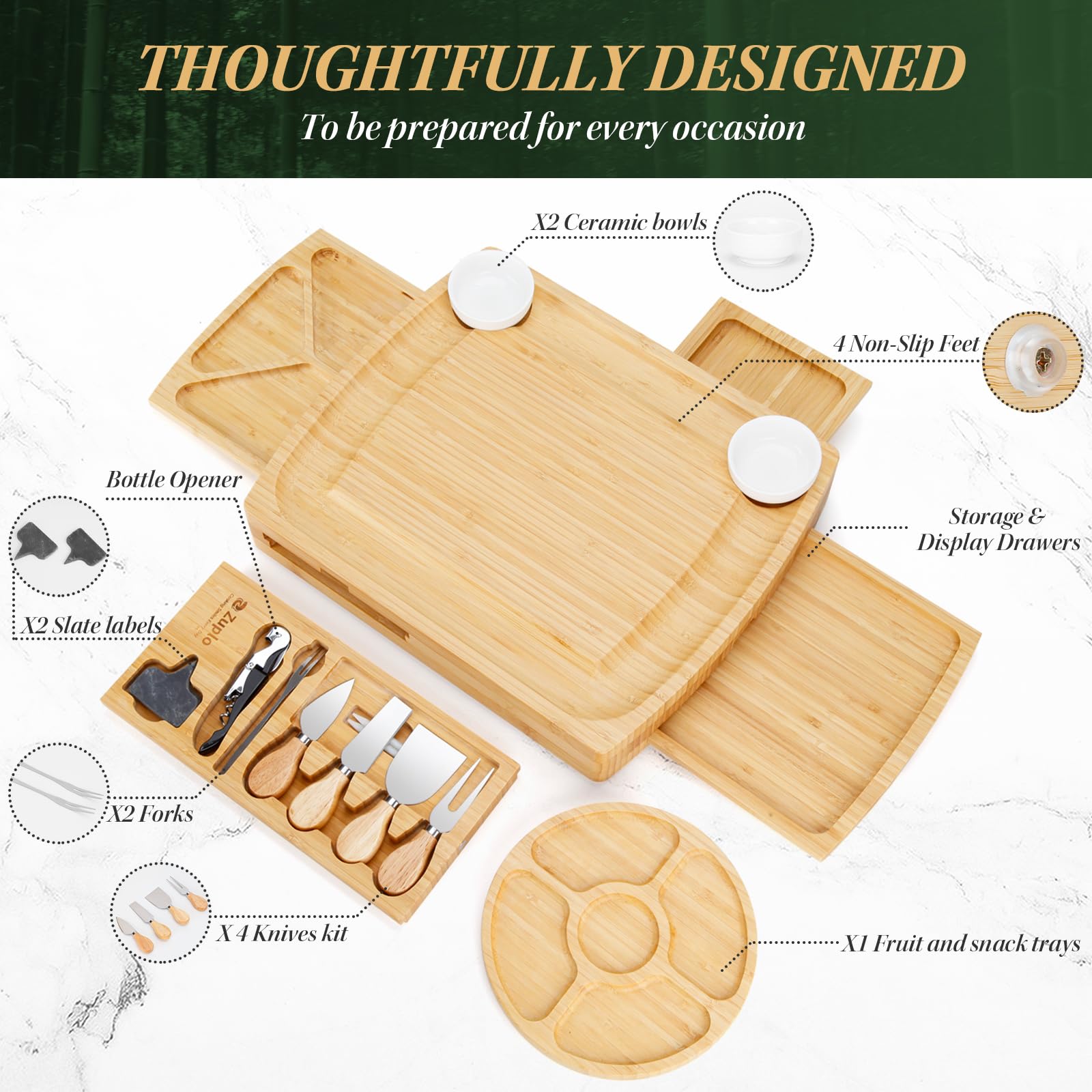 Premium Bamboo Charcuterie Board Set with Cheese Knives - Elegant Wooden Serving Tray for Entertaining, Housewarming Gifts, Weddings & Holidays (Christmas, Anniversary, Bridal Shower) - Perfect for Movie Nights, Wine Tasting & Charcuterie Parties