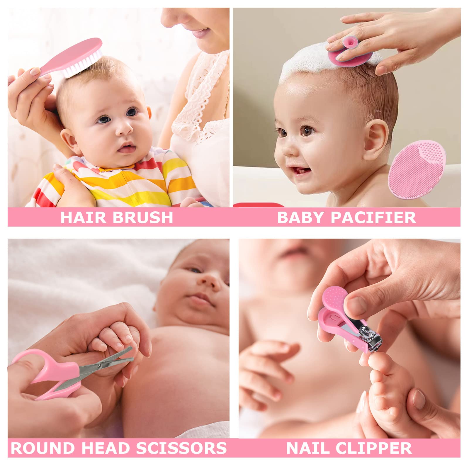 14-Piece Baby Grooming Kit with Nail Clippers, Comb, Brush & Scissors - Portable Newborn Care Set for Girls & Boys | Perfect Baby Shower Gift & Nursery Essentials (Pink) | Ideal for Infant Hygiene, Travel & Daily Care