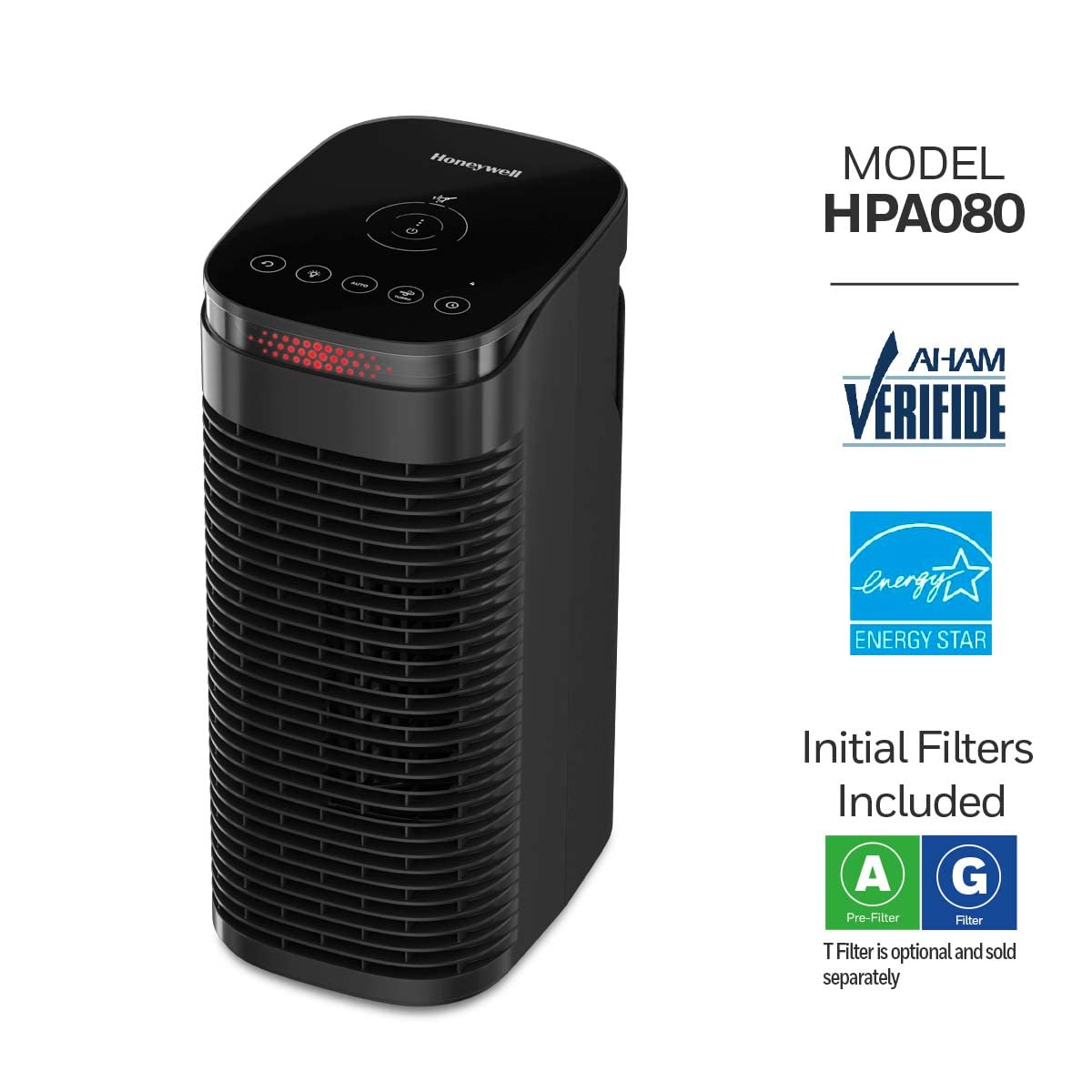 Honeywell InSight HEPA Air Purifier for Medium Rooms up to 100 sq ft - Removes Wildfire Smoke, Pollen, Pet Dander & Dust - with Air Quality Sensor & Auto Mode - Black (HPA080) - Perfect for Bedrooms, Offices and Allergy Relief