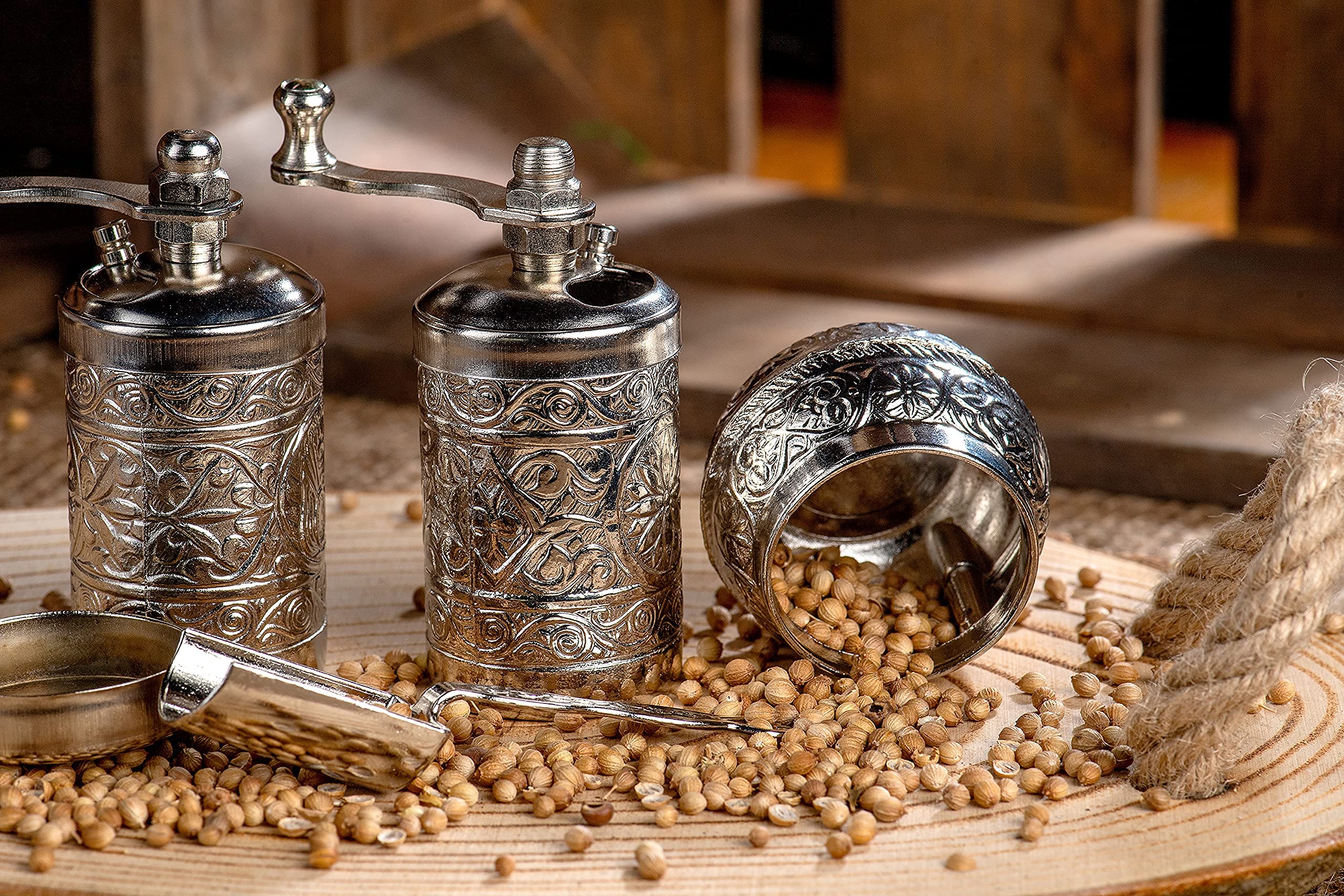 Premium 4-Piece Herb & Spice Grinder Set - Manual Crank Handle Mill for Pepper, Salt & Seasonings - Durable Stainless Steel (Bright Silver) - Perfect for Kitchen, Camping & Travel