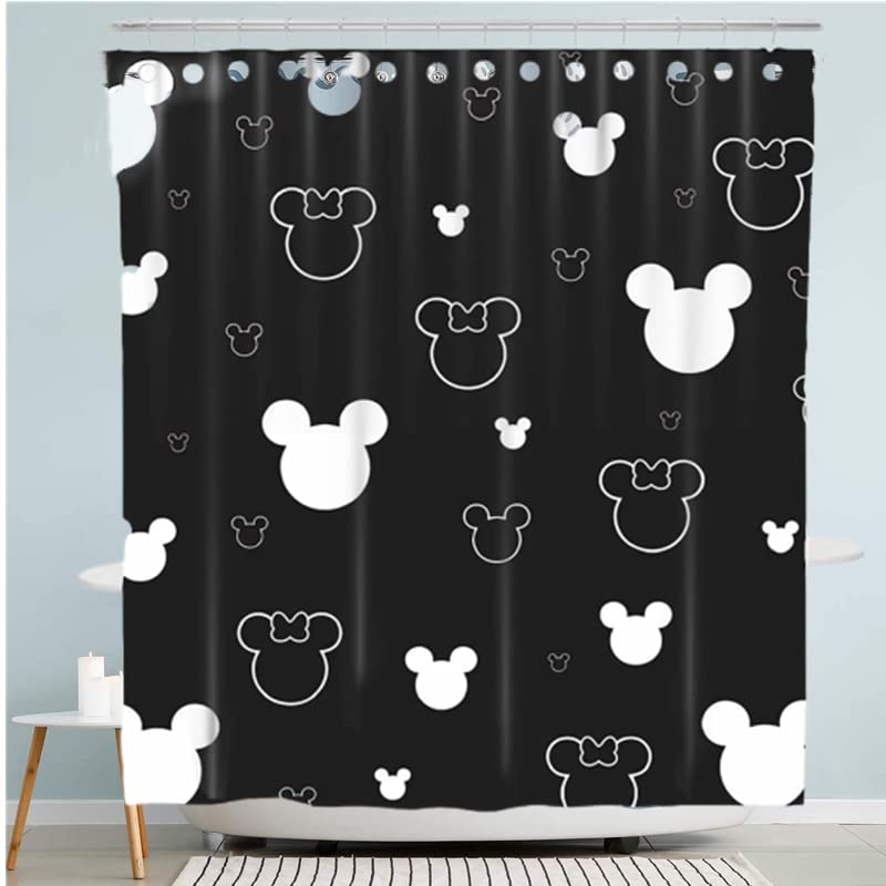 Cute Cartoon Mouse Head Waterproof Shower Curtain 72x72 Inch - Kids Bathroom Decor with 12 Hooks - Black Fabric Bathtub Curtain Set for Children's Bathroom, Perfect for Showers, Bathtubs & Nursery Decor