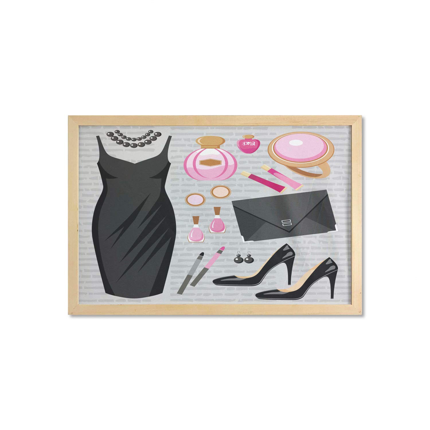 Ambesonne Fashion Wall Art - Black Cocktail Dress with Perfume & Clutch Bag Print, Framed Fabric Poster for Bathroom, Living Room, Dorm Decor - 35x23 Inches in Pale Brown & Pink | Perfect for Women's Fashion Inspiration & Home Décor