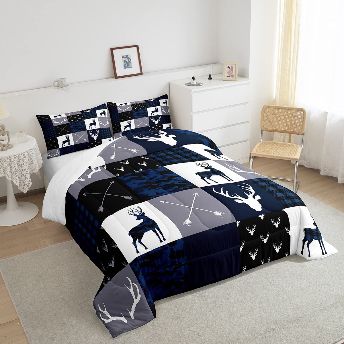 Manfei Camo Deer Antlers Comforter Set Twin - Geometric Plaid Patchwork Bedding 2pc for Kids & Teens (Blue Grey) | Boho Arrow Christmas Quilt with Duvet Insert & Pillowcase | Perfect for Boys/Girls Room Decor & Holiday Gift