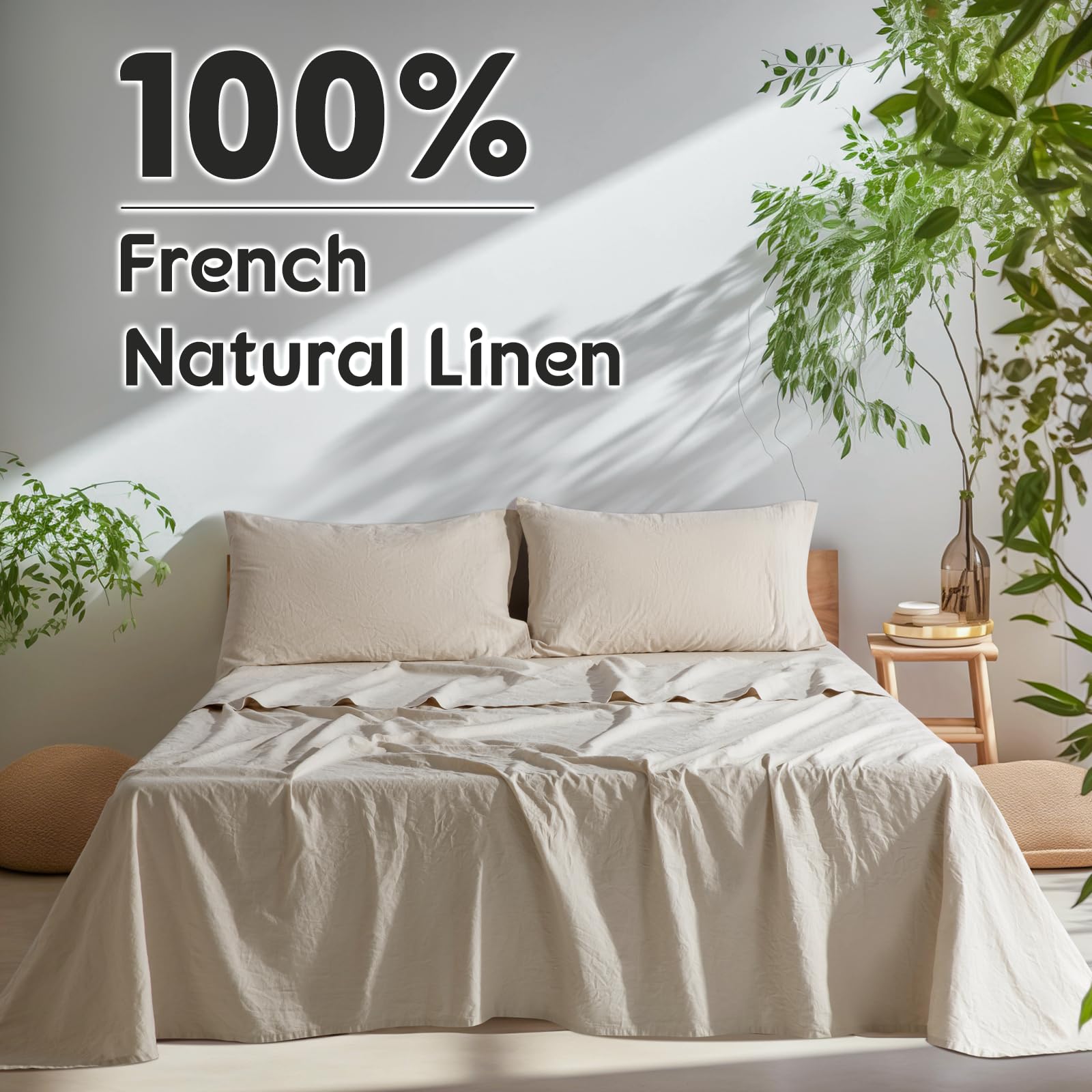 SONORO KATE 100% French Pure Linen Sheets Set - Breathable, Durable King Size Bedding with 16