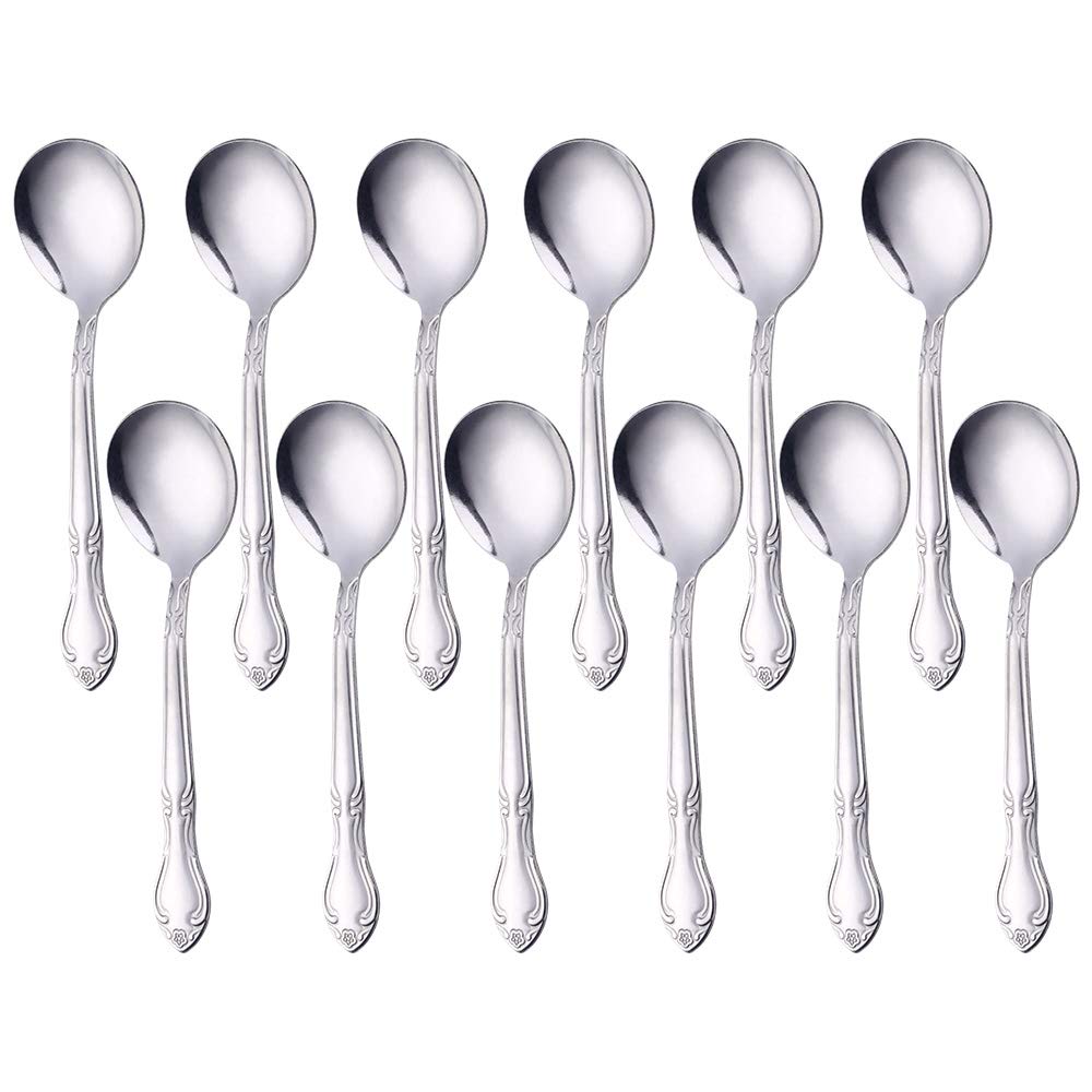 12 PCS 6.3-inch Bouillon Spoons - Elegant Rose Pattern Stainless Steel Soup Spoons for Fine Dining, Restaurant Use & Home Entertaining