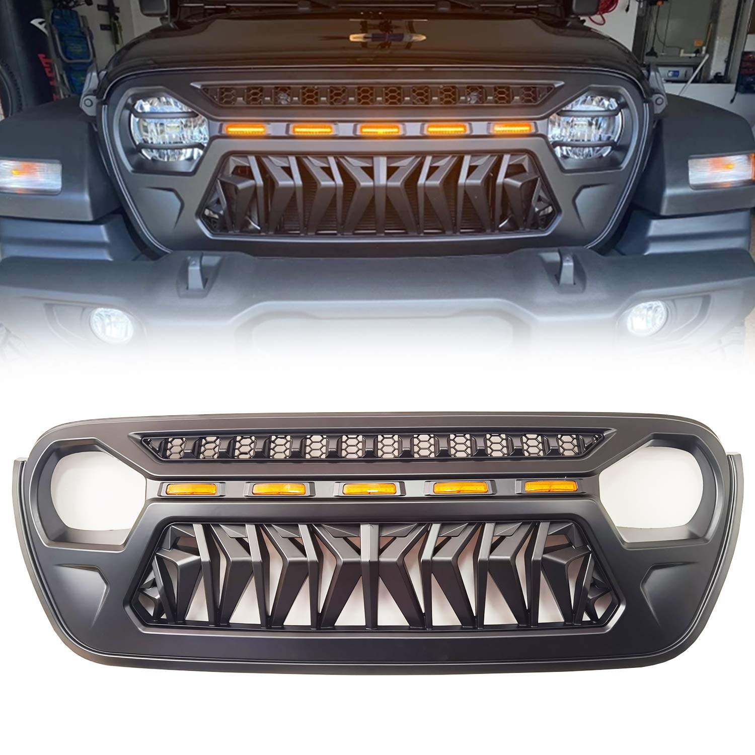 ToxicStorm Mesh Grille Front Grill Cover - Matte Black with Amber LED Running Lights for 2018-2023 Jeep Wrangler JL JLU & Gladiator JT | Off-Road Accessories | Perfect for Trail Riding & Urban Driving