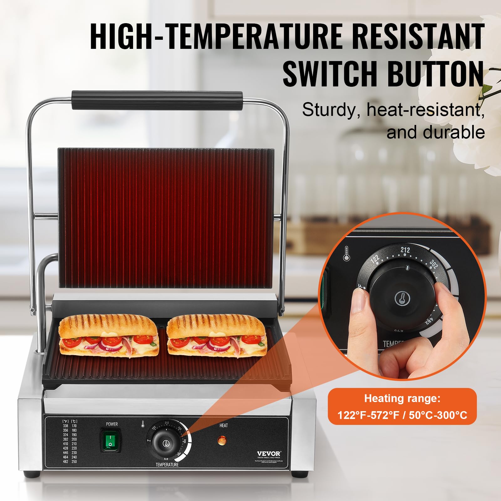 VEVOR 1800W Electric Panini Press Grill with Temperature Control, 14