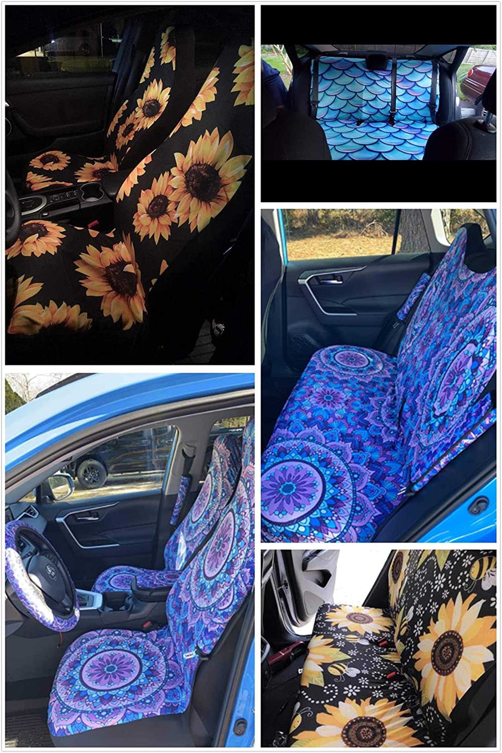 Renewold Galaxy Space Car Seat Covers Full Set - 12pcs (Front & Rear Seats, Steering Wheel Cover, Gear Shift Knob Cover, Handbrake Cover, Seat Belt Shoulder Pads, Car Coasters, Armrest Pads) - Universal Fit for Most Vehicles - Perfect for Road Trips, Daily Commutes & Car Interior Protection