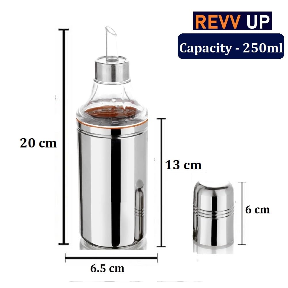 REVV UP 250ml Stainless Steel Oil Dispenser with Leak-Proof Nozzle - Drip-Free Spout for Kitchen, Salad Dressing & Cooking Oil - Pack of 2 Oil Containers & Pourers